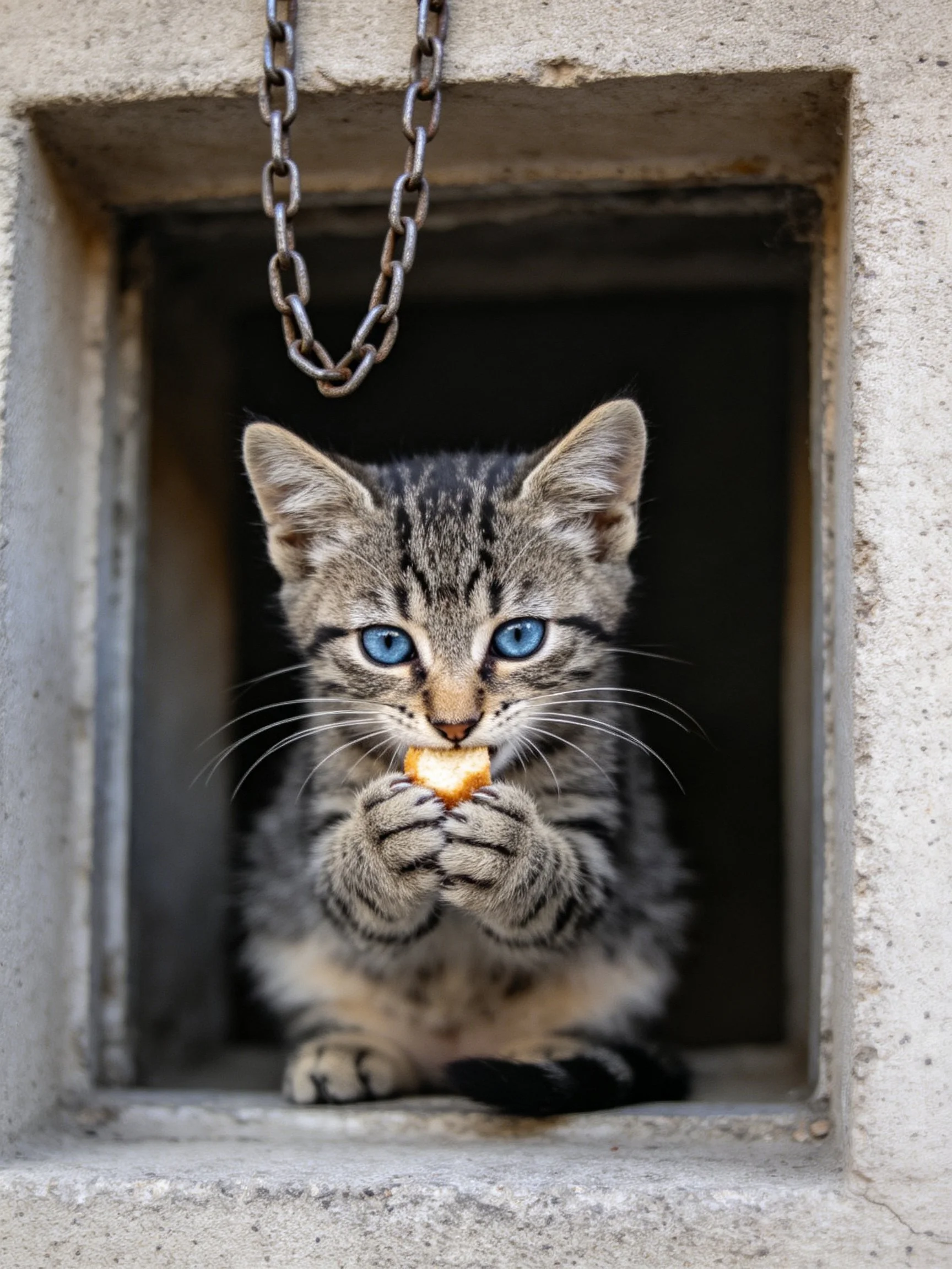 A gray tabby kitten with blue eyes eats near a concrete opening.