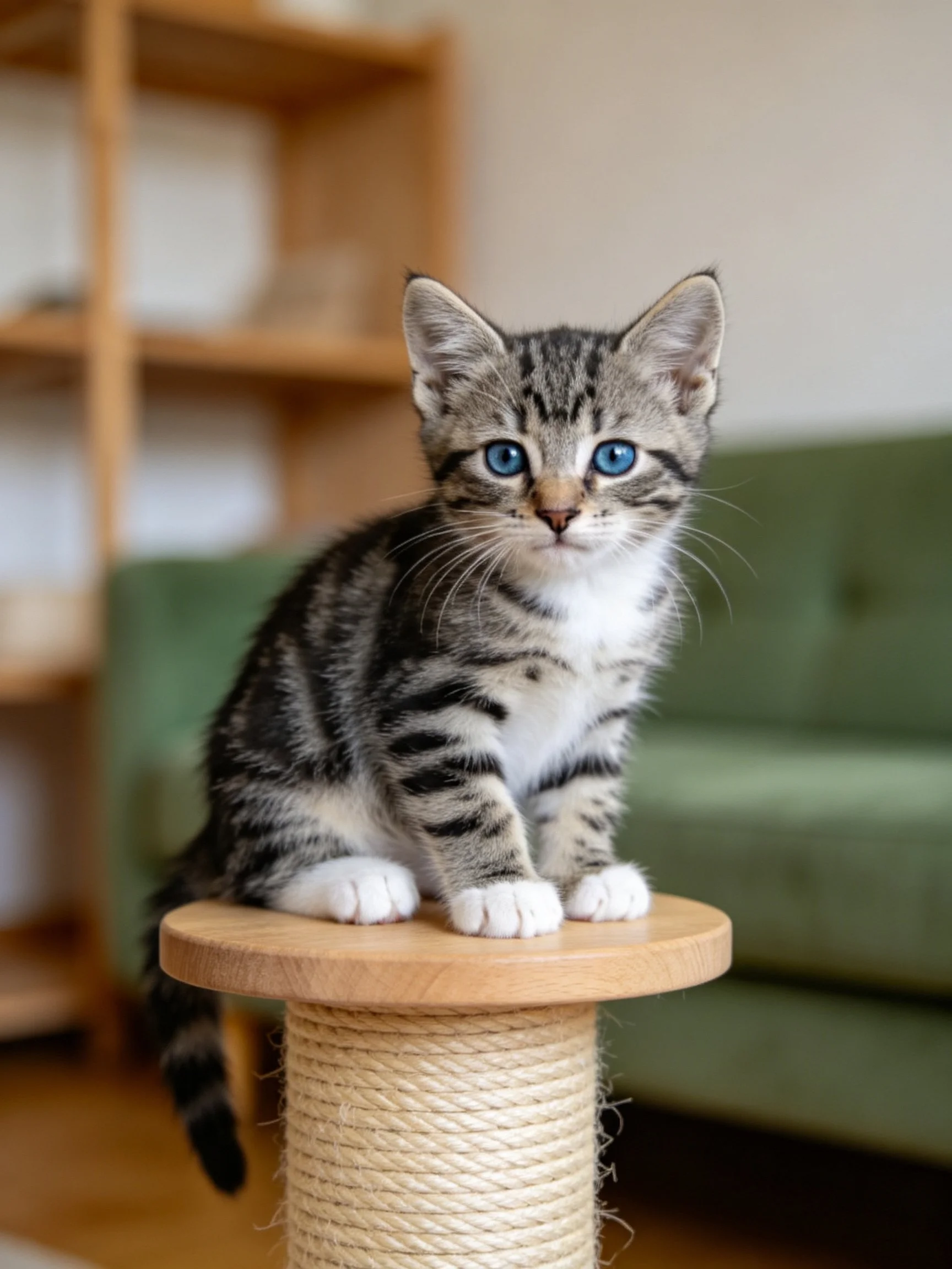 A gray tabby kitten with blue eyes sits on a rope post near a green sofa