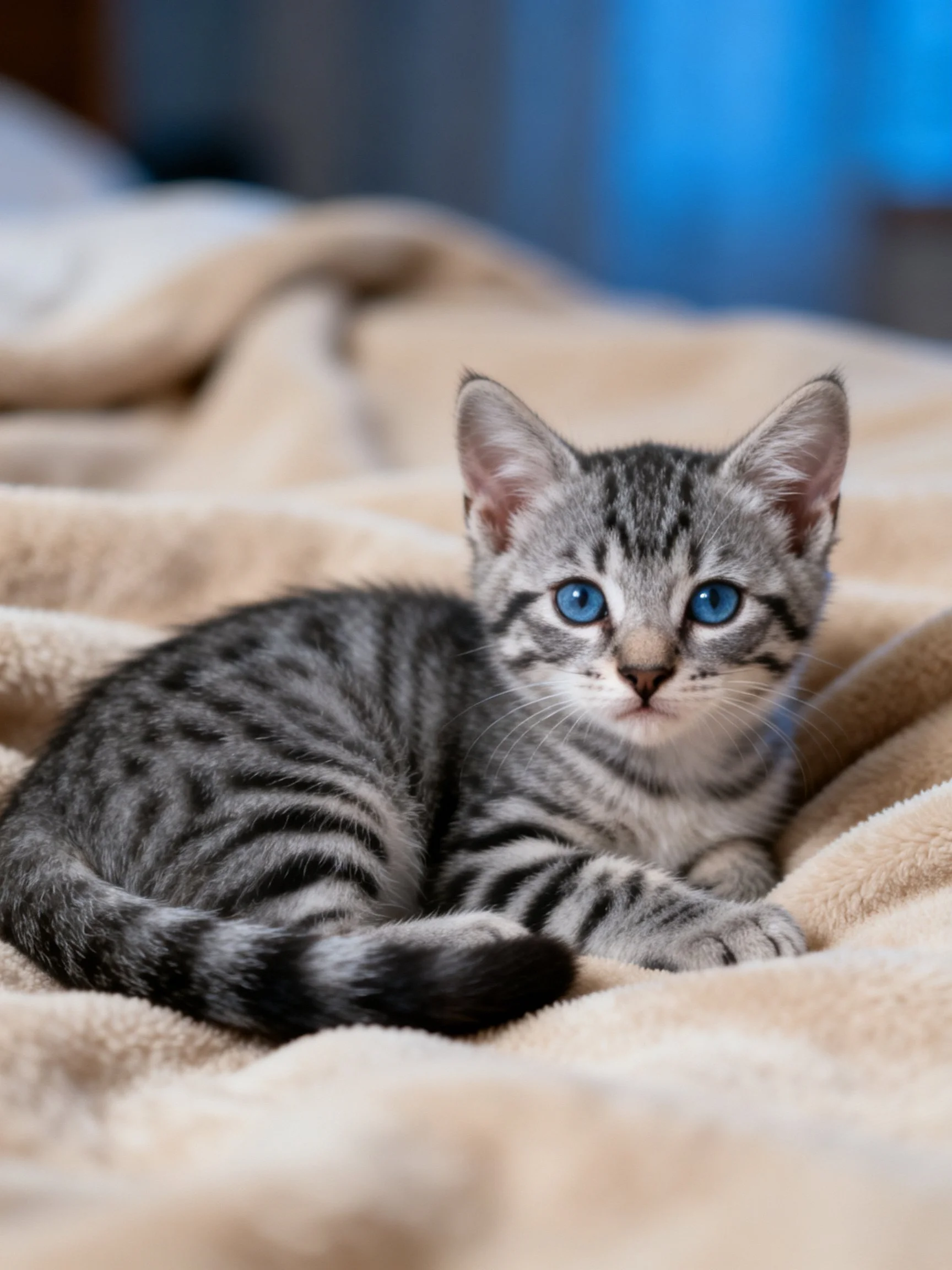 A gray tabby kitten with blue eyes relaxes on a soft beige blanket.
