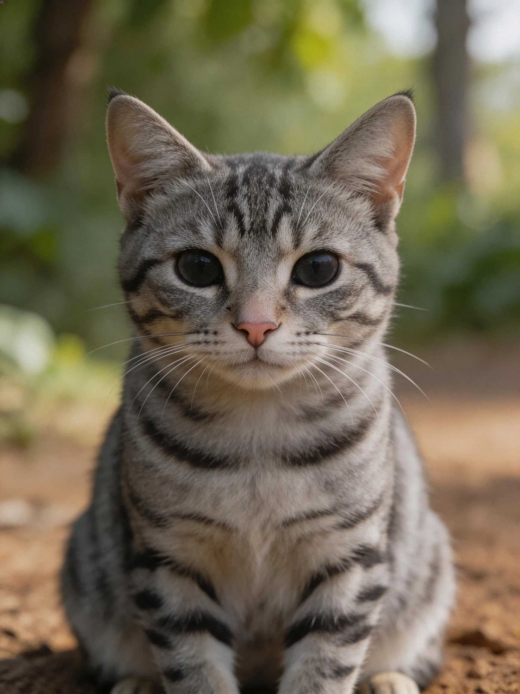 A gray tabby kitten with black stripes sits calmly on earthy ground amid blurred greenery.