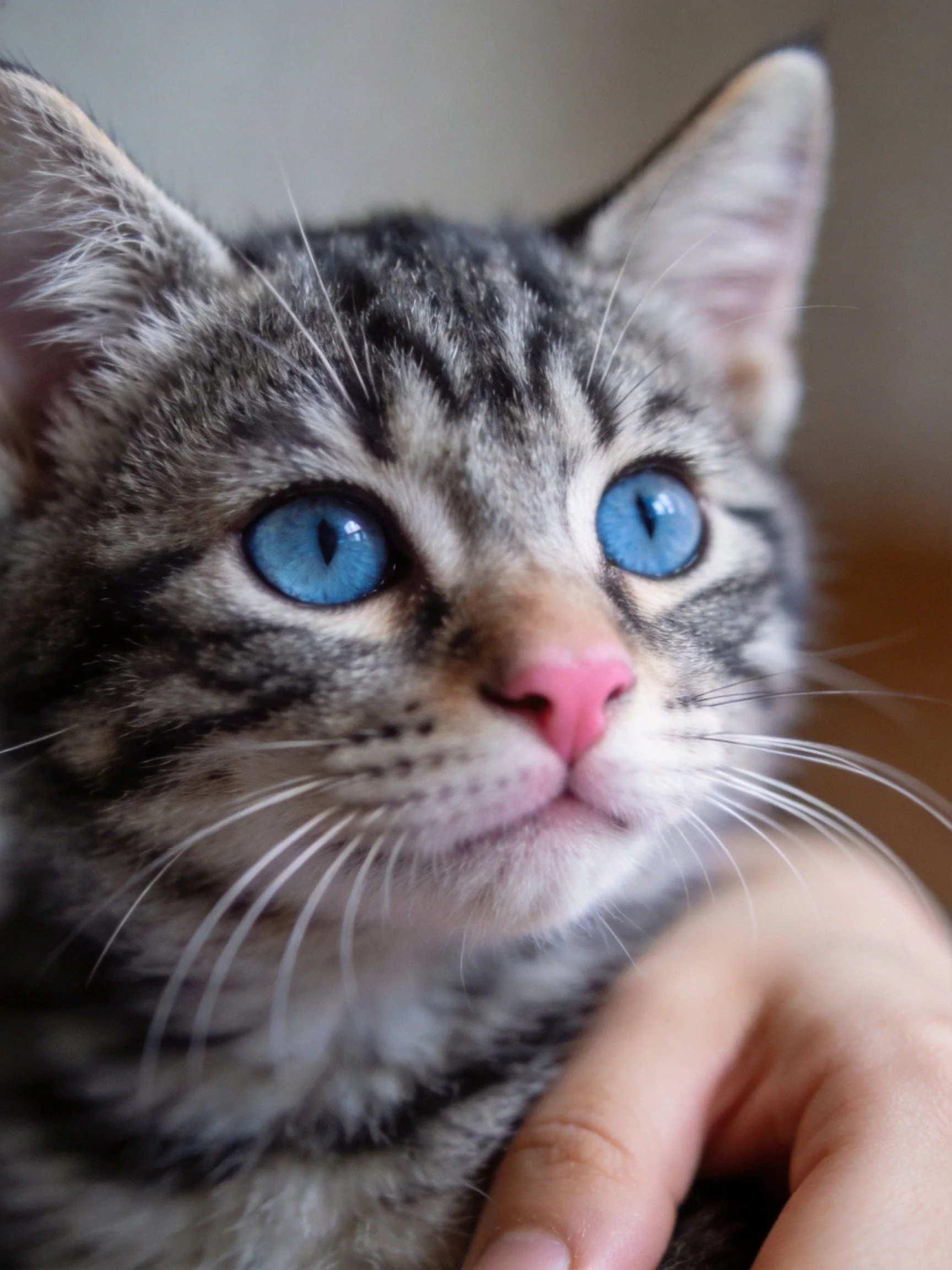 A gray tabby kitten with bright blue eyes is gently held, emphasizing its soft fur and curious expression.