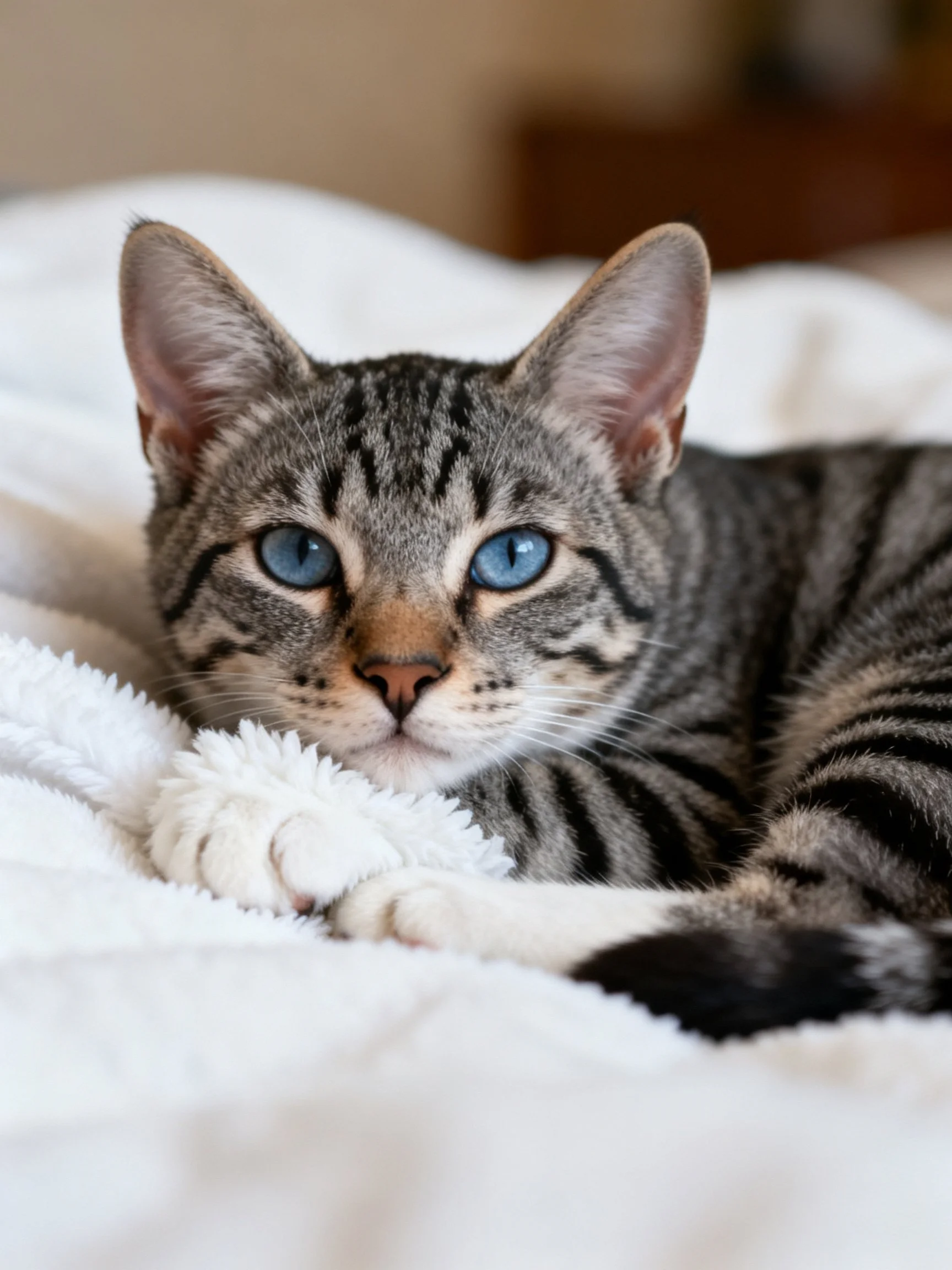 A gray tabby kitten with blue eyes rests comfortably on a white blanket.