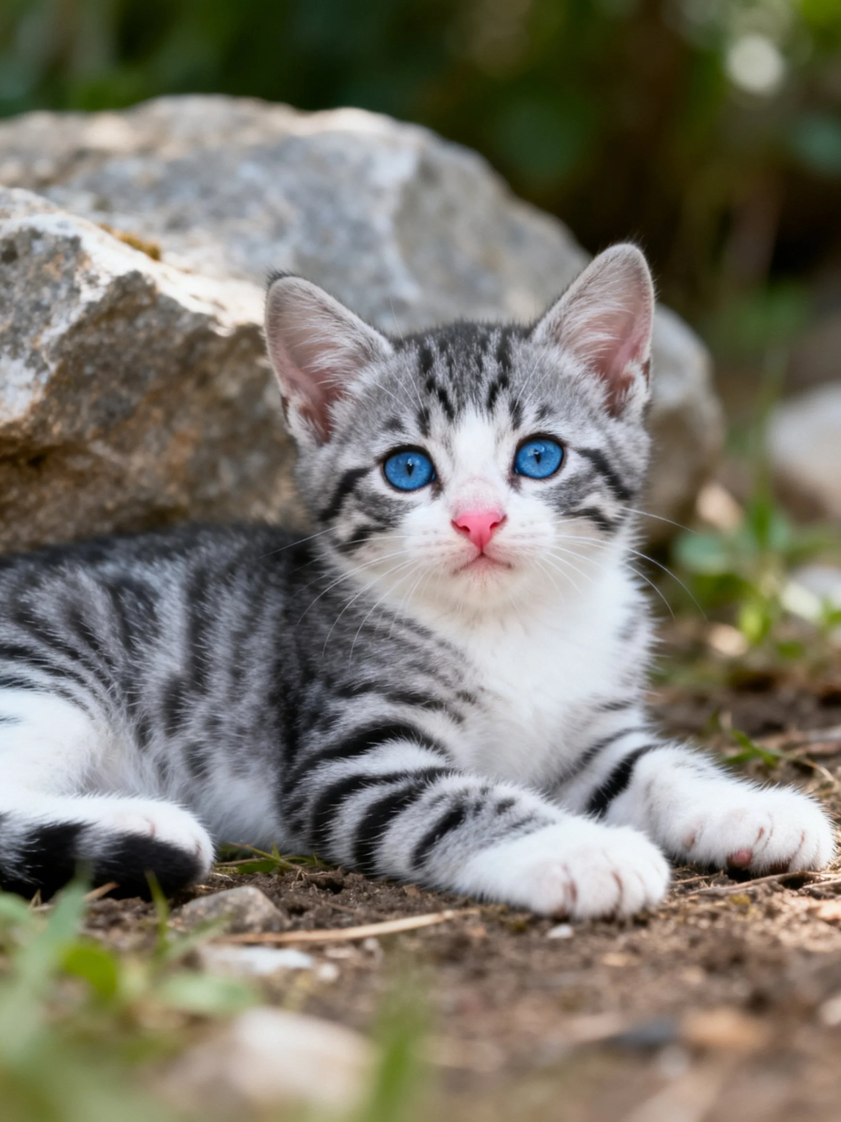 A gray tabby kitten with bright blue eyes relaxes near rocks outdoors
