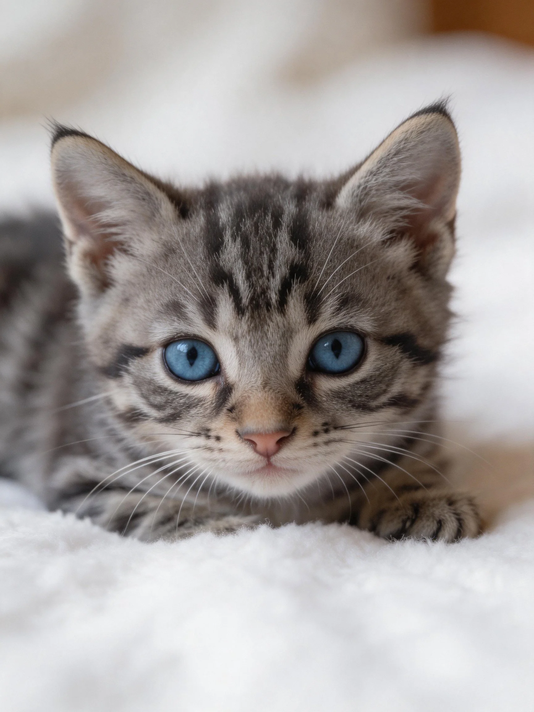A gray tabby kitten with bright blue eyes rests on a plush white blanket