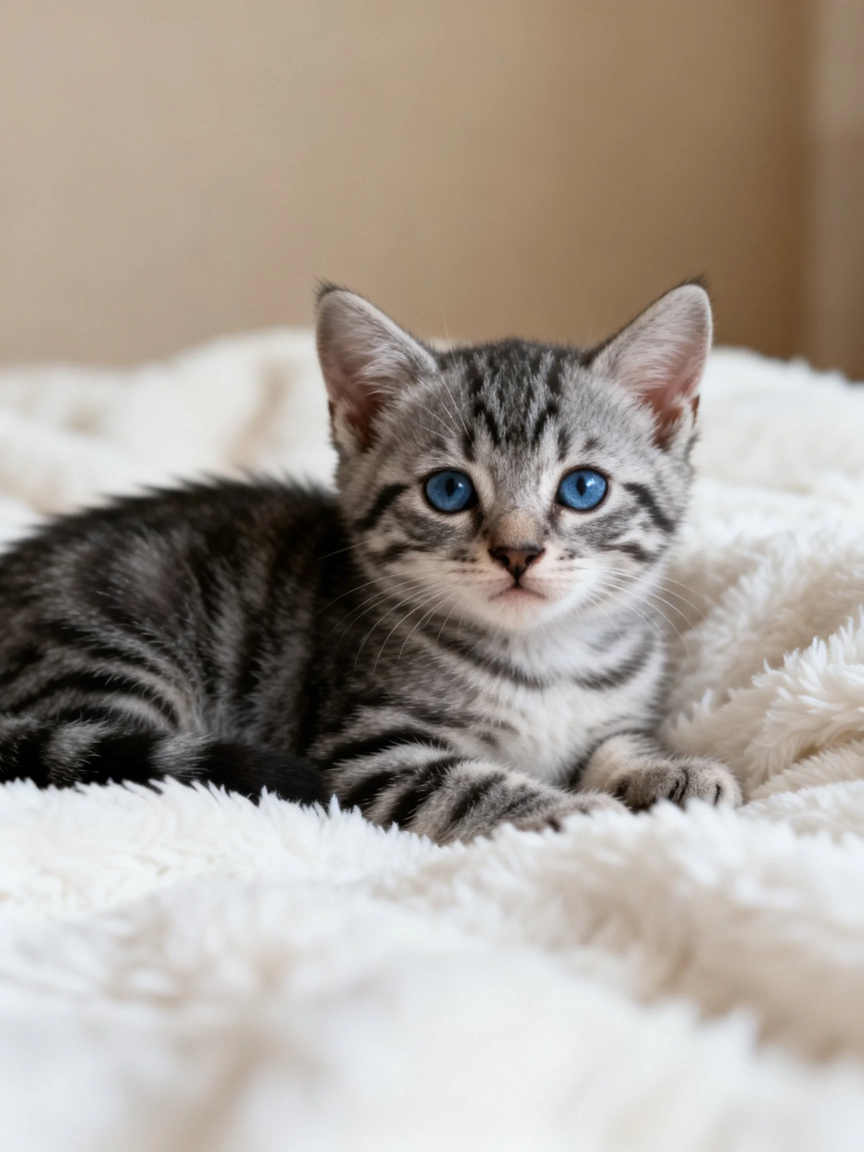 A gray tabby kitten with blue eyes relaxes on a plush white blanket.
