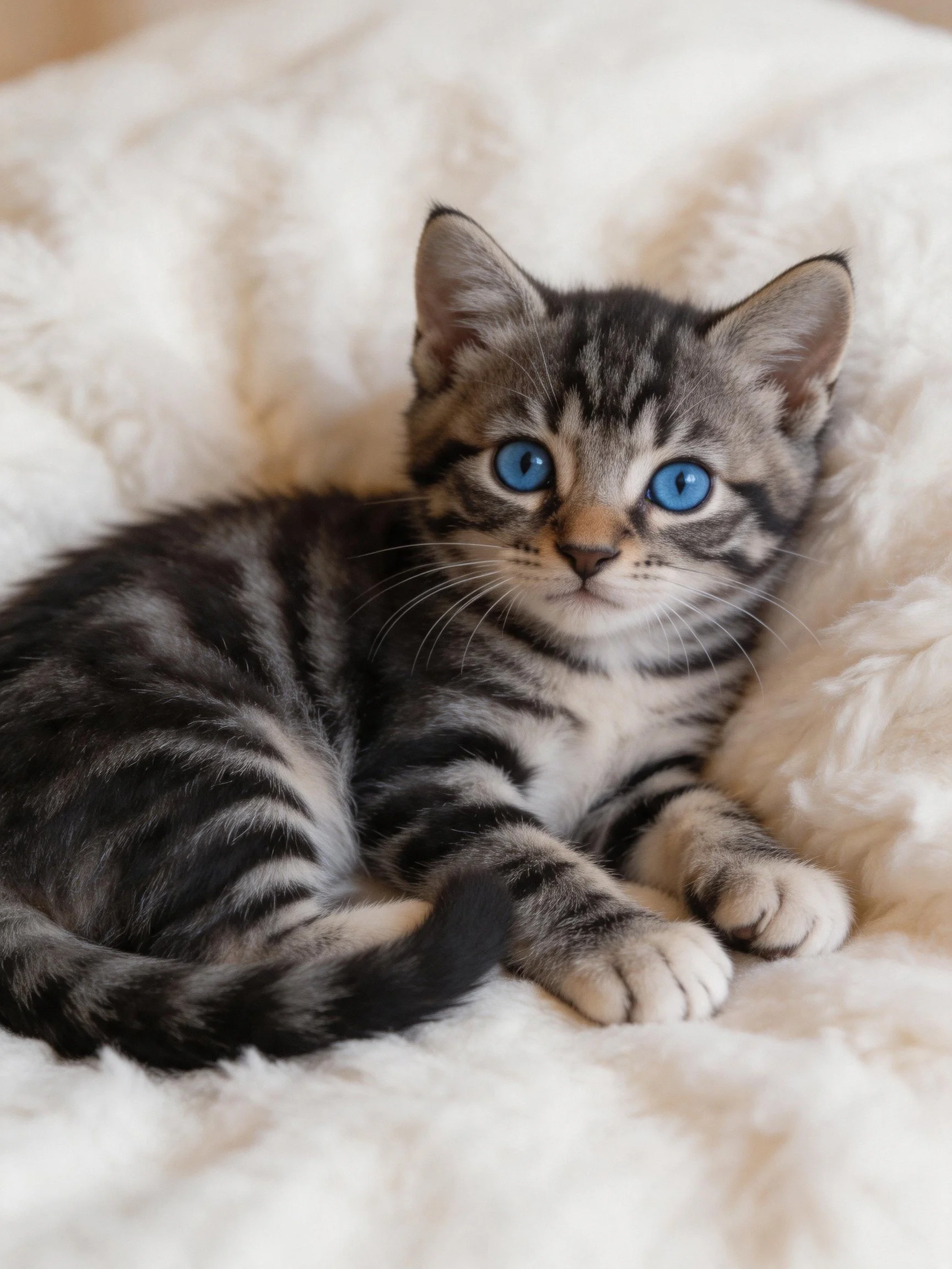 A gray tabby kitten with blue eyes relaxes on a plush white surface.