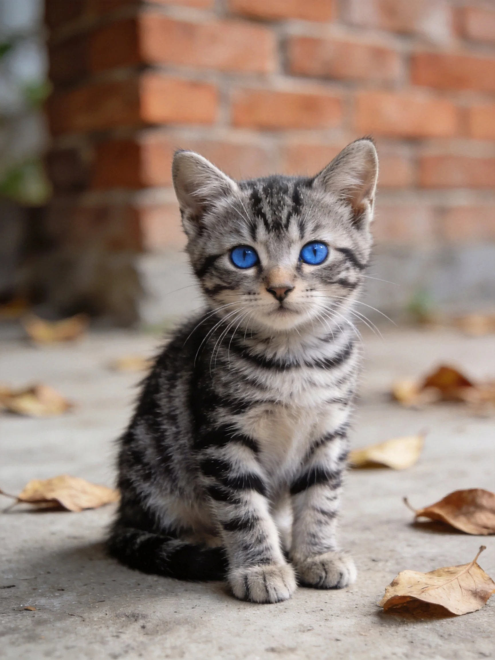 A gray tabby kitten with blue eyes rests on a concrete area near a brick wall.