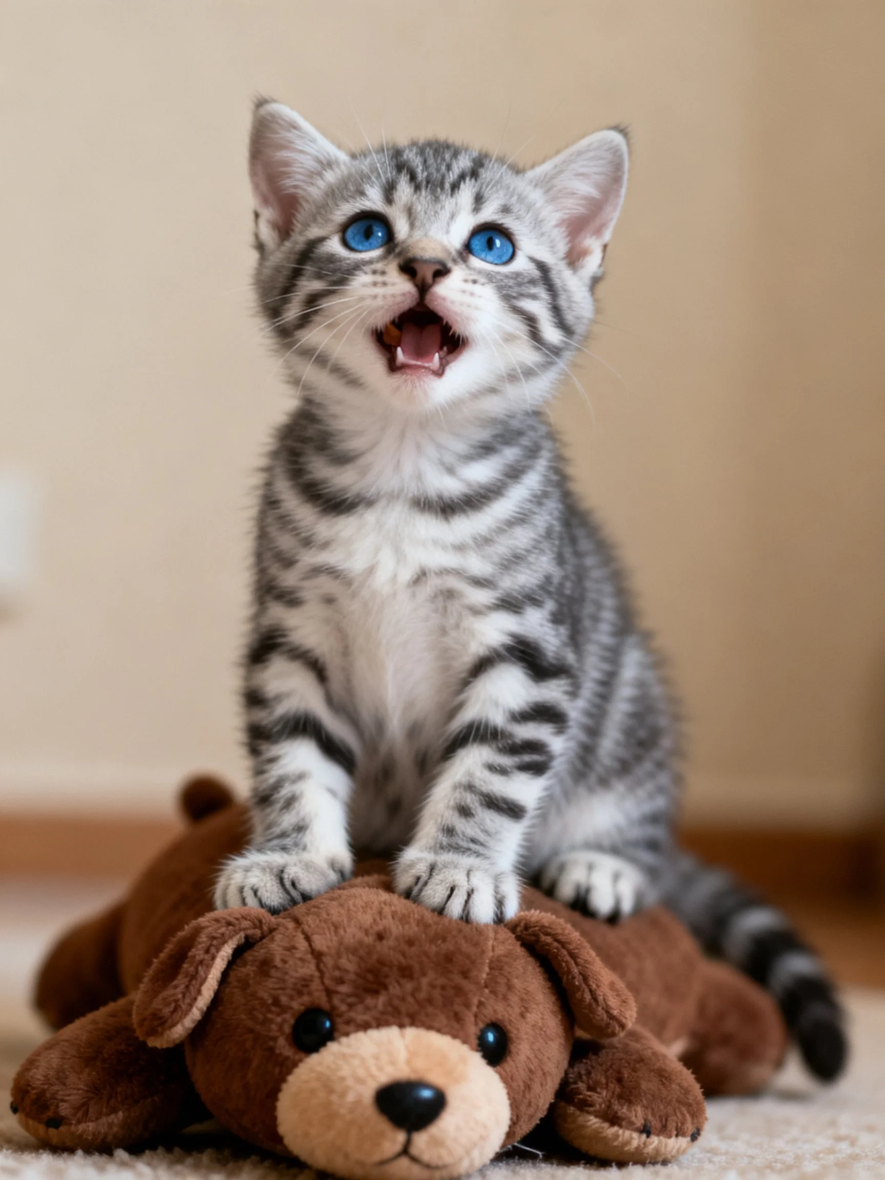 A gray tabby kitten plays on a brown stuffed dog toy indoors.