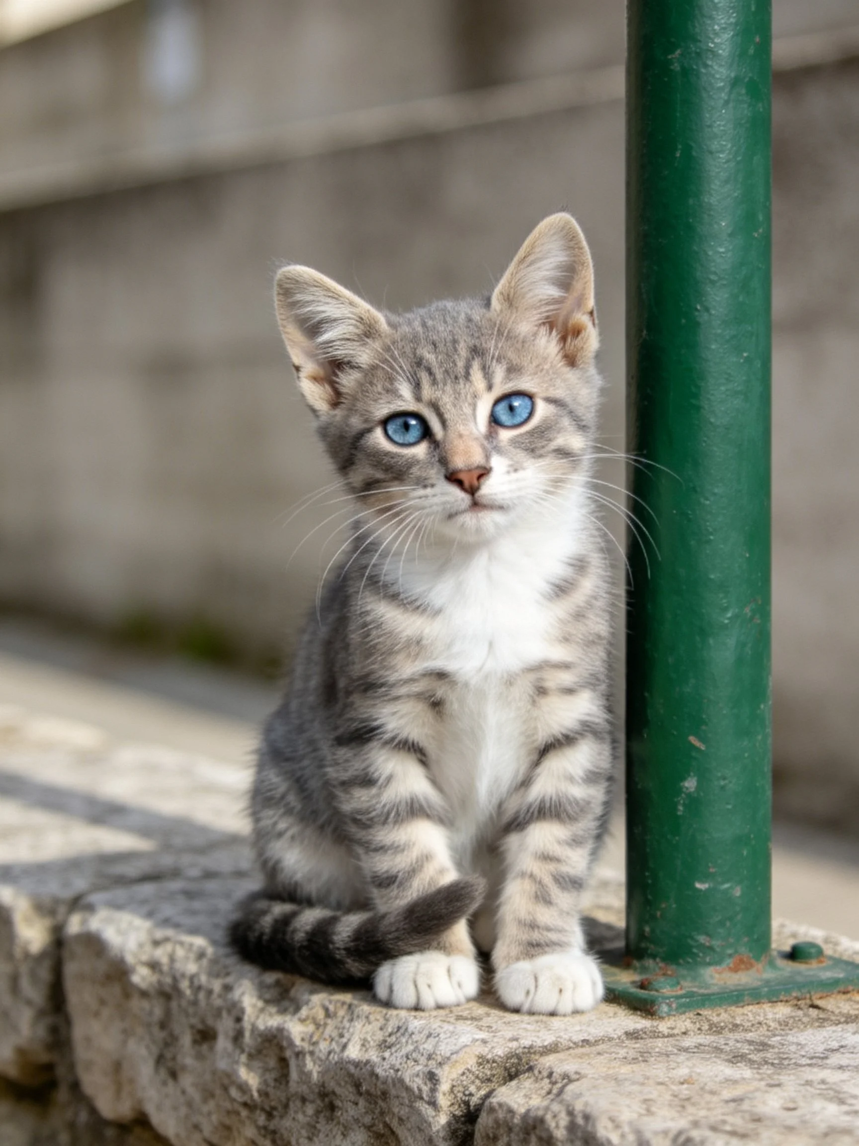 A gray tabby kitten with blue eyes sits near a green metal post outdoors