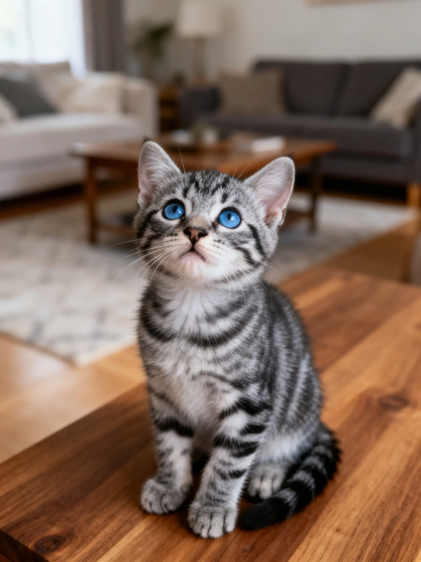 A gray tabby kitten with blue eyes sits on a wooden table in a well-furnished living room.