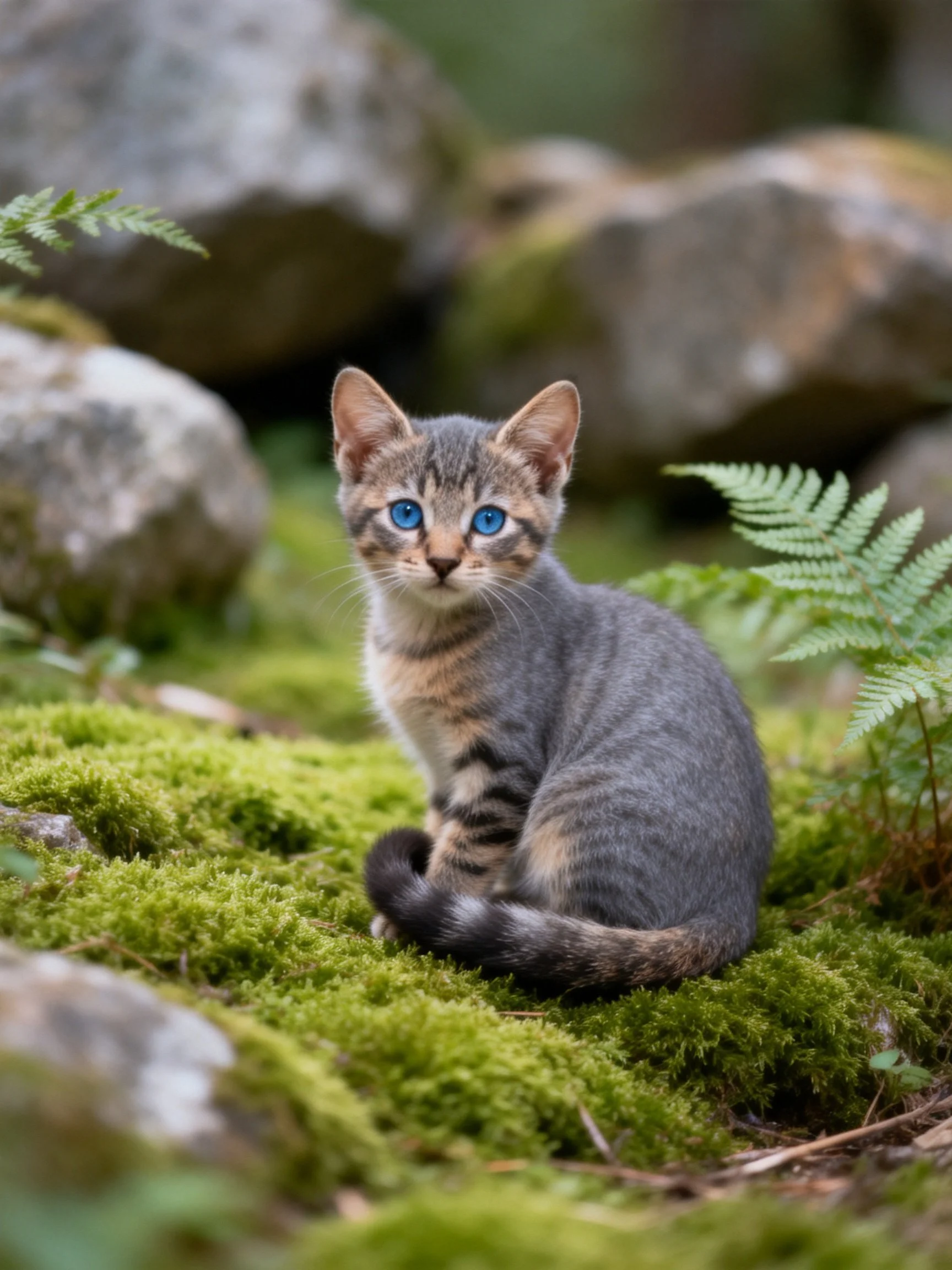 A gray tabby kitten with blue eyes rests on moss amid rocks and ferns.