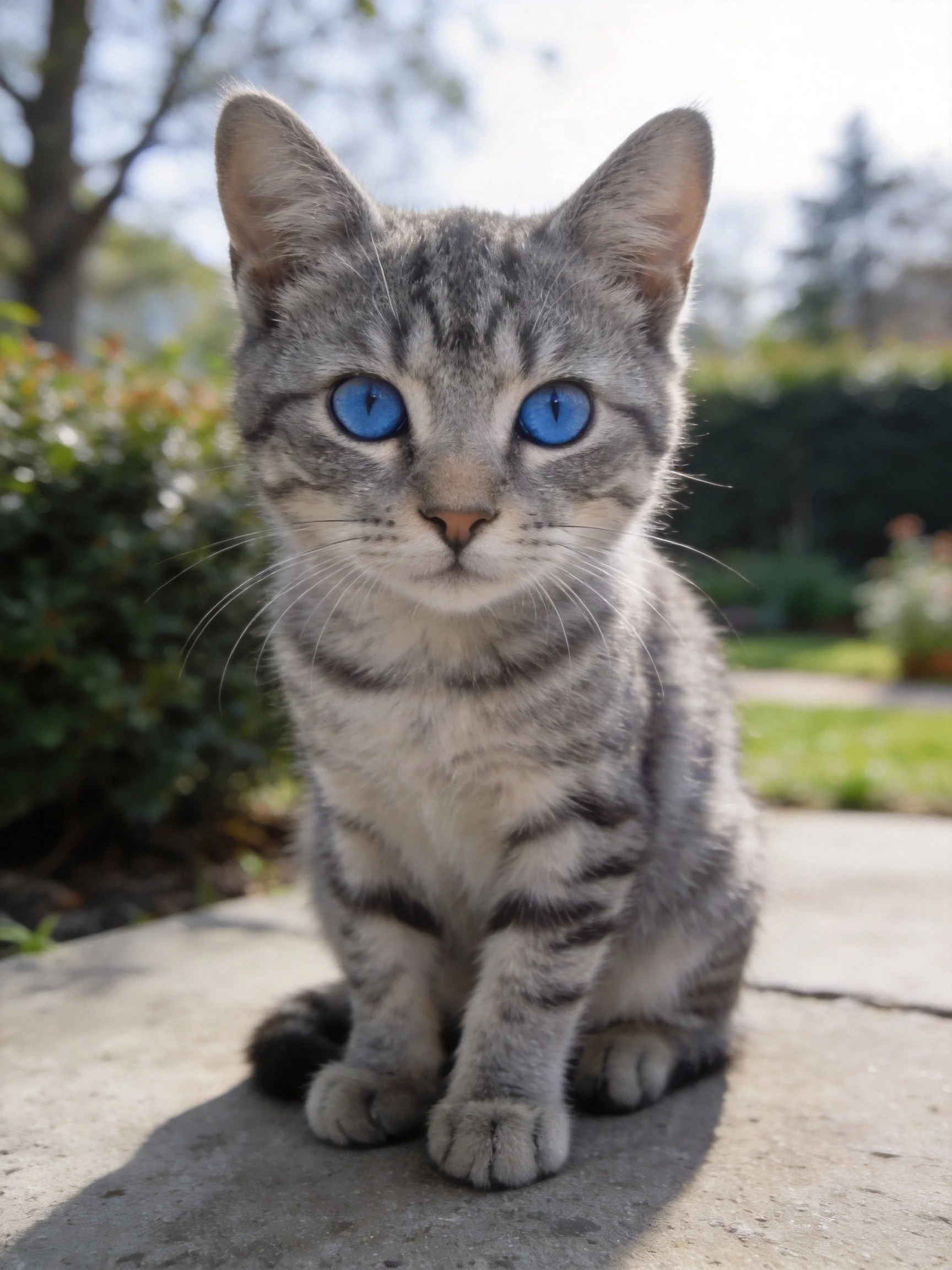 A gray tabby kitten with bright blue eyes sitting outdoors