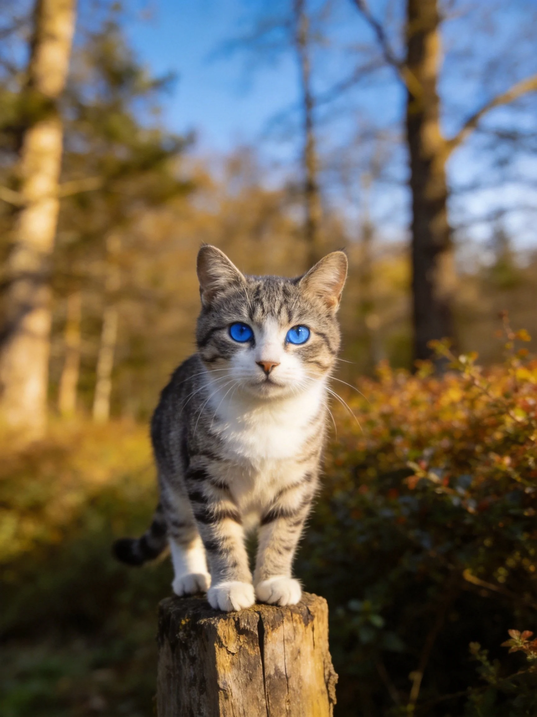 A gray tabby kitten with blue eyes stands on a wooden post in a sunlit wooded area.