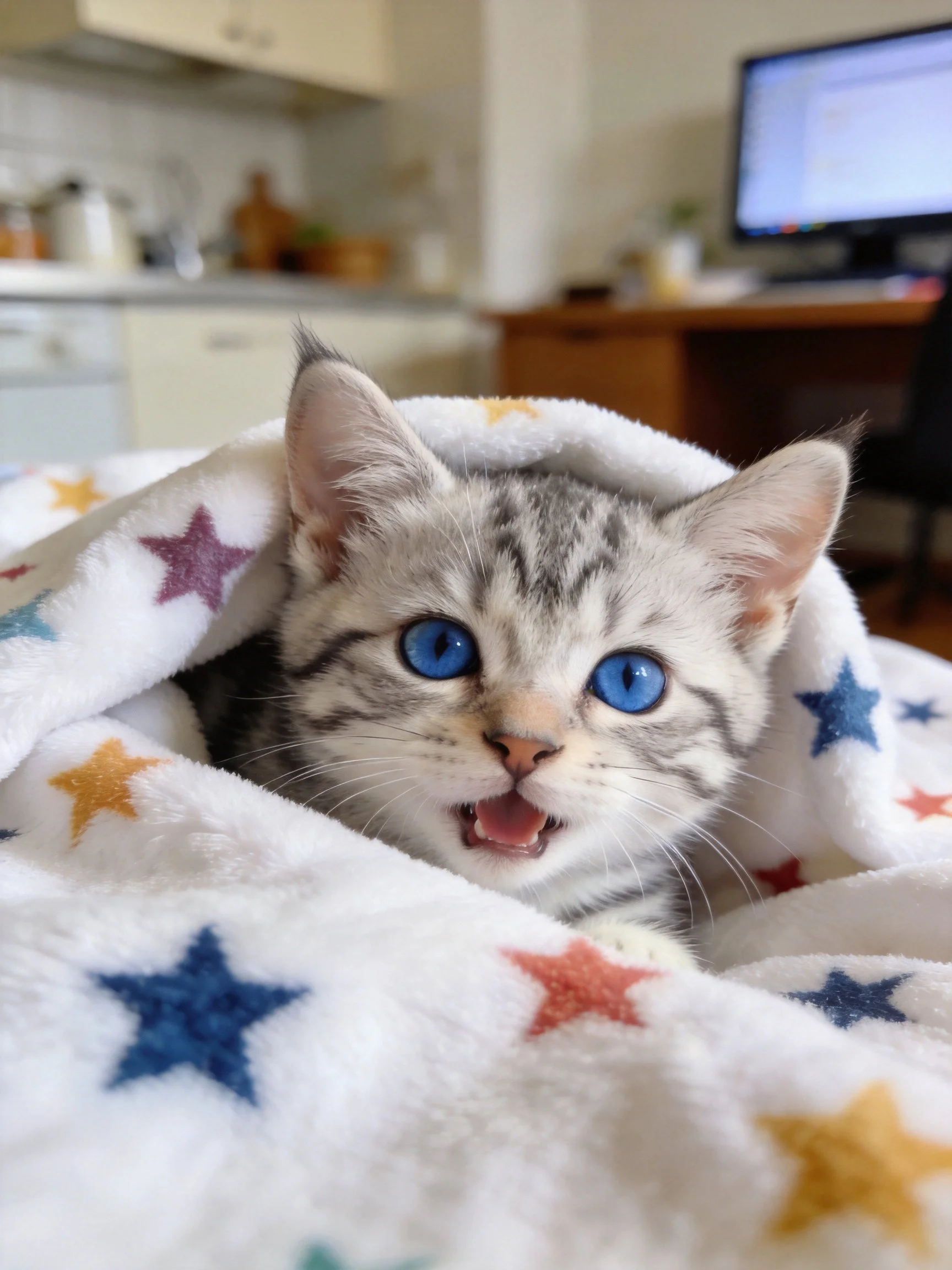 A gray tabby kitten with bright blue eyes emerges from a star-patterned blanket.