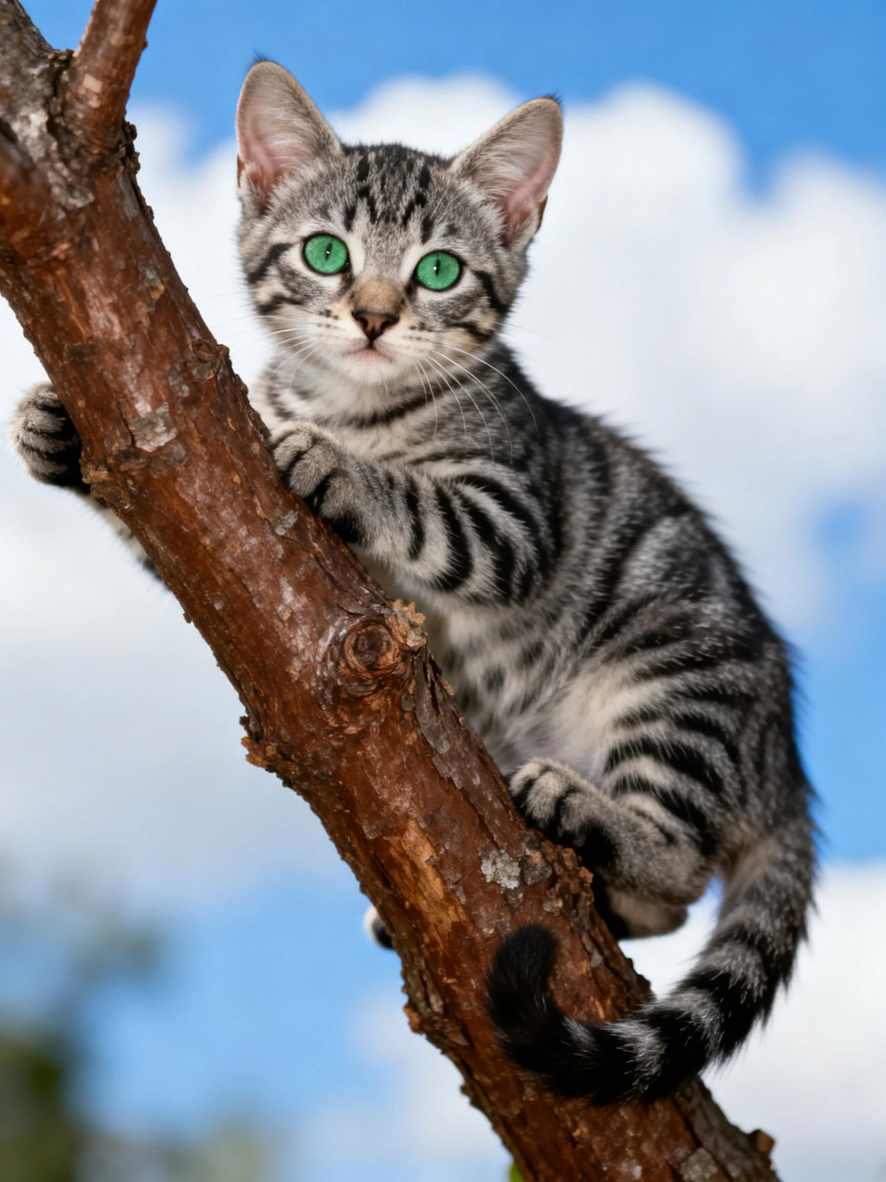 A gray tabby kitten with green eyes climbs a brown tree branch beneath a blue sky.