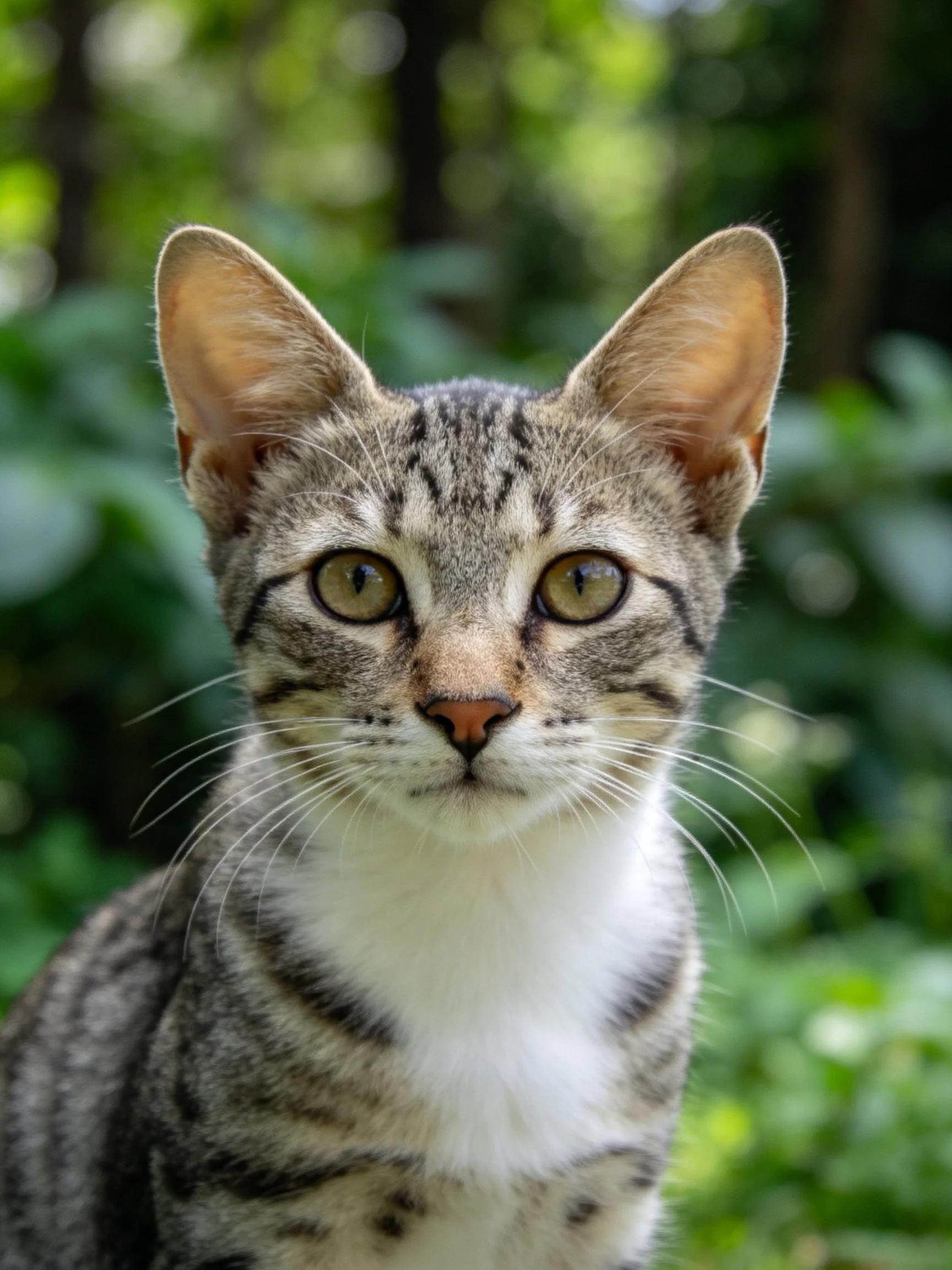 A gray tabby kitten looks directly at the camera amid vibrant green foliage.