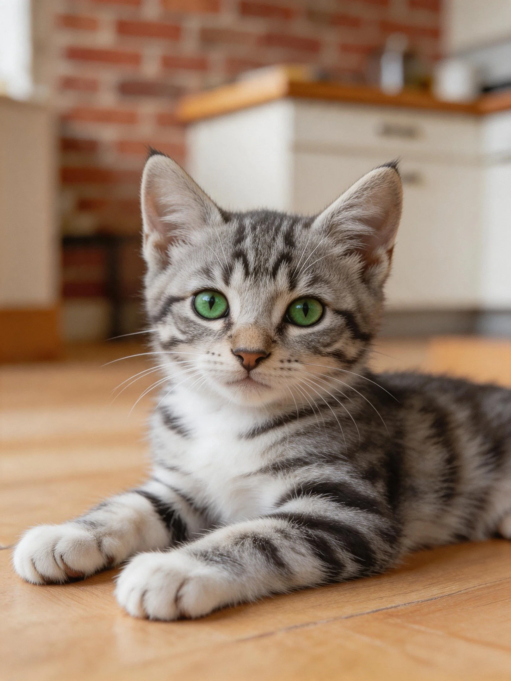 A gray tabby kitten with bright green eyes lies on a wooden floor