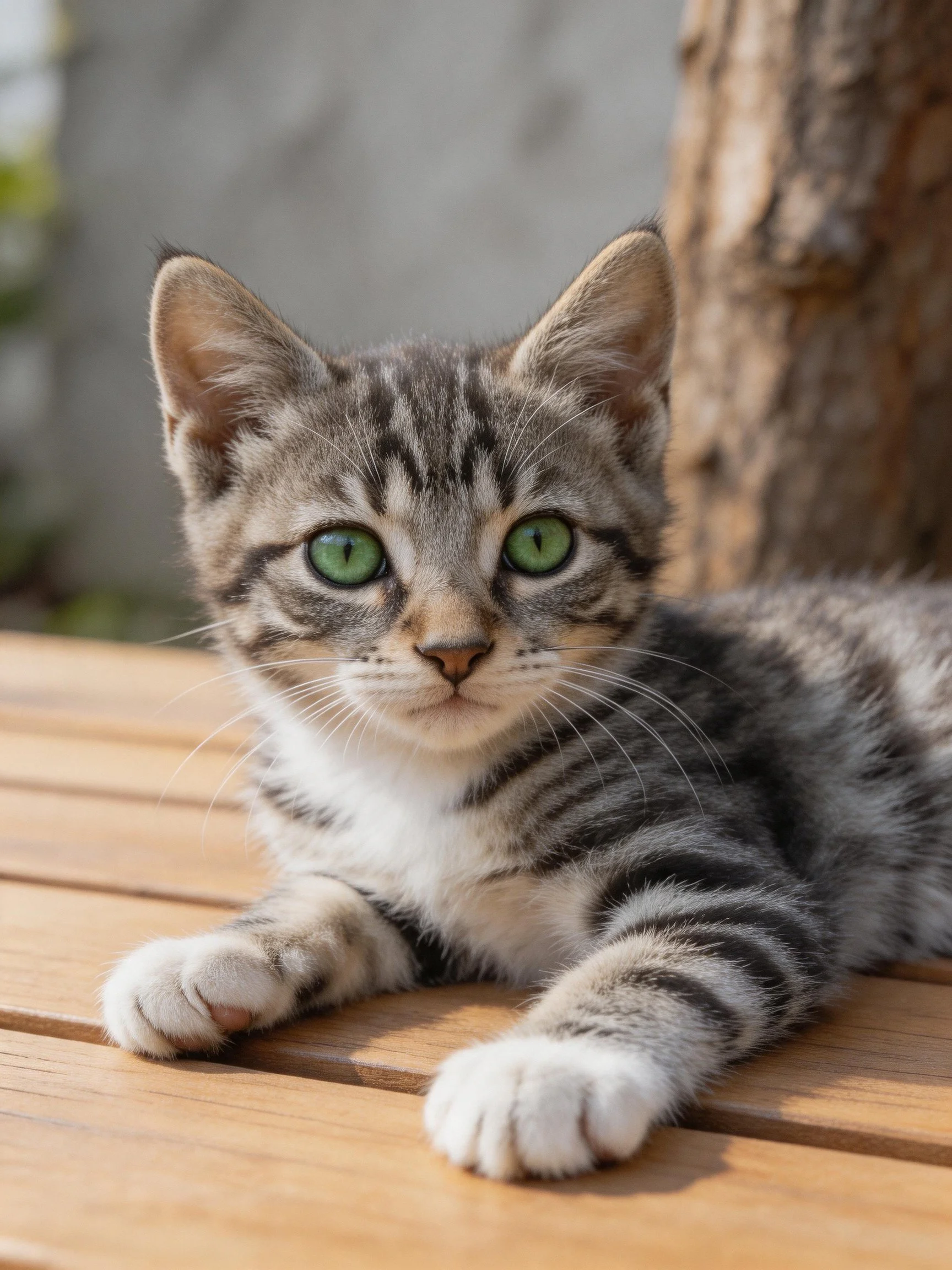 A gray tabby kitten with green eyes relaxes on an outdoor wooden surface.