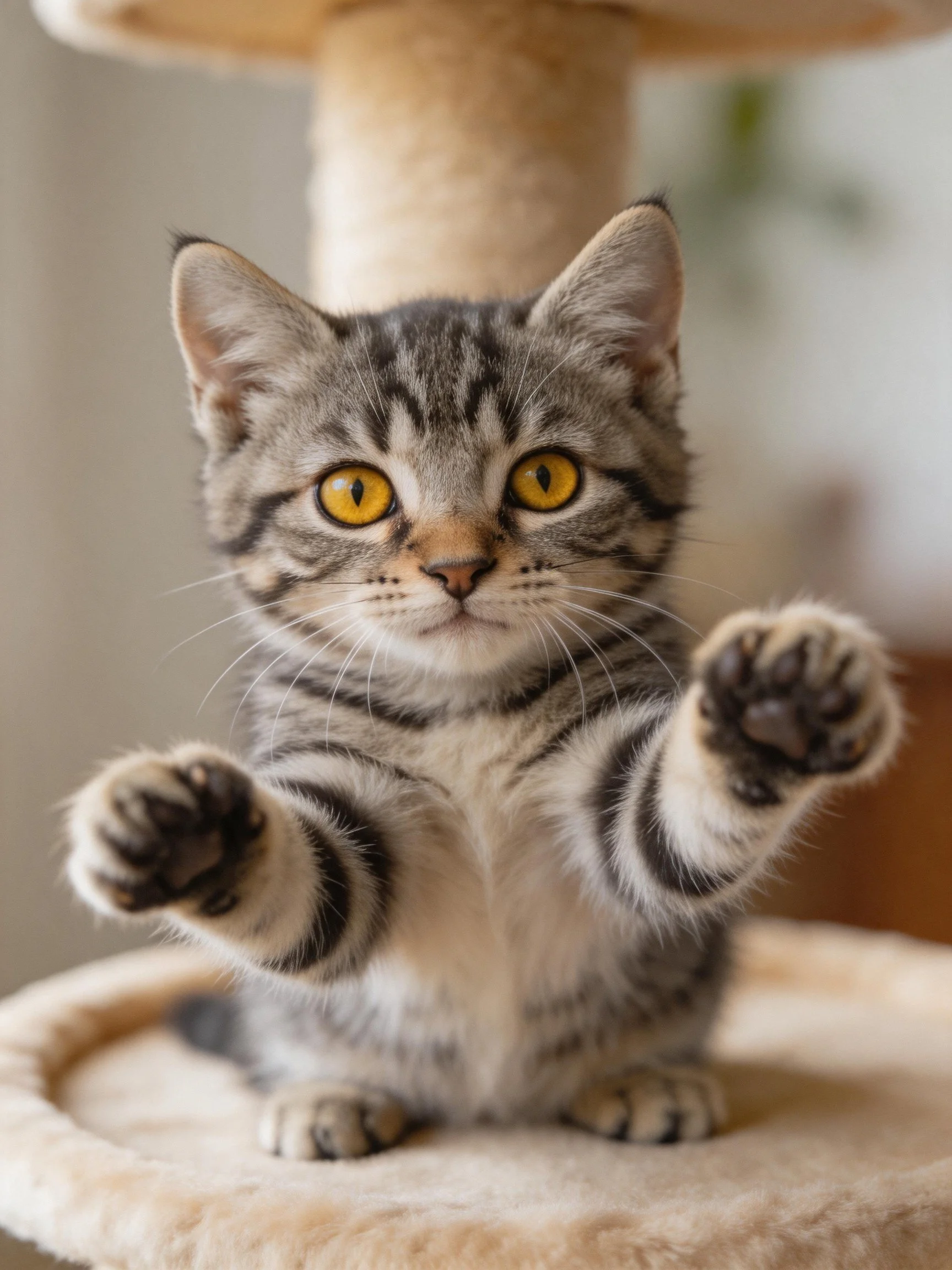 A gray tabby kitten with bright yellow eyes reaches upward from a soft perch
