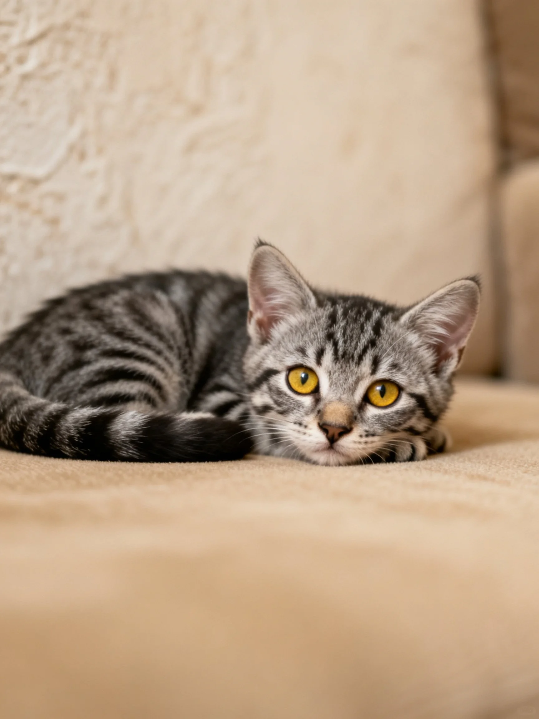 A gray tabby kitten with bright yellow eyes rests on a beige couch