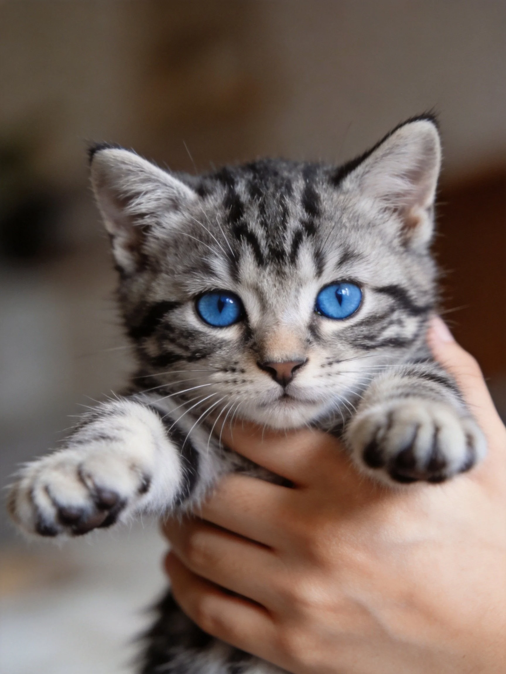 A gray tabby kitten with blue eyes is being held securely.