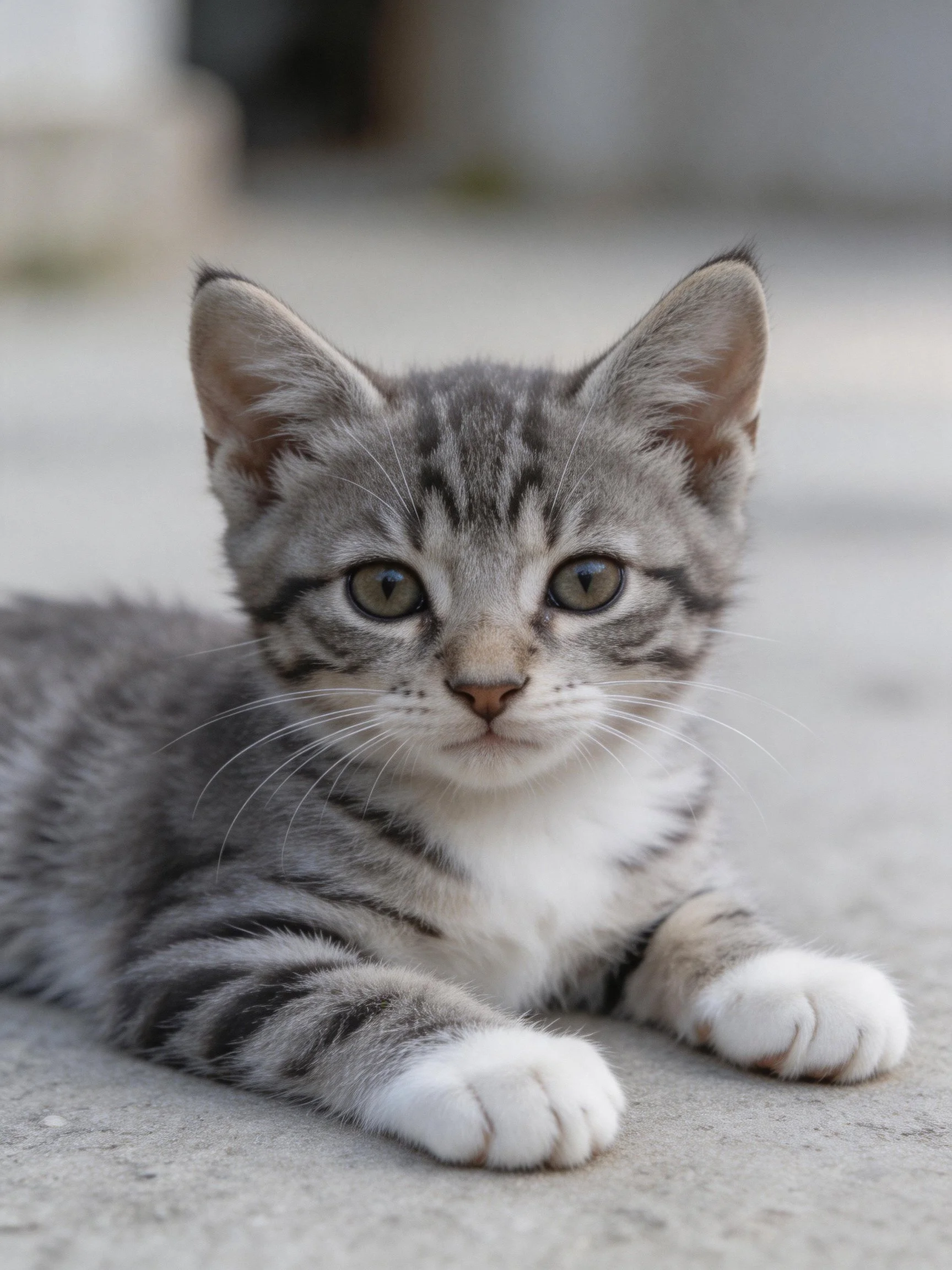 A gray tabby kitten with white paws rests calmly on a smooth surface.