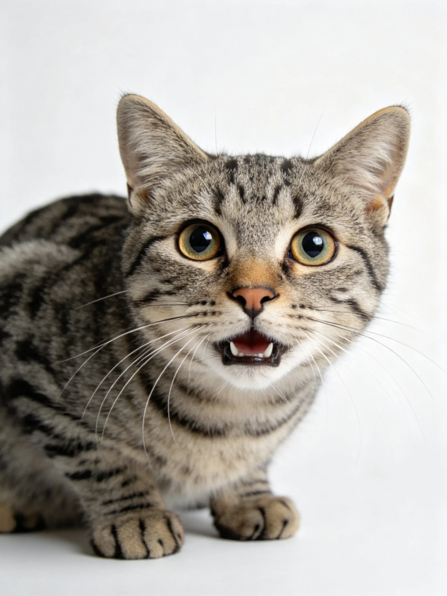 A gray tabby kitten with wide eyes appears alert against a plain white backdrop.