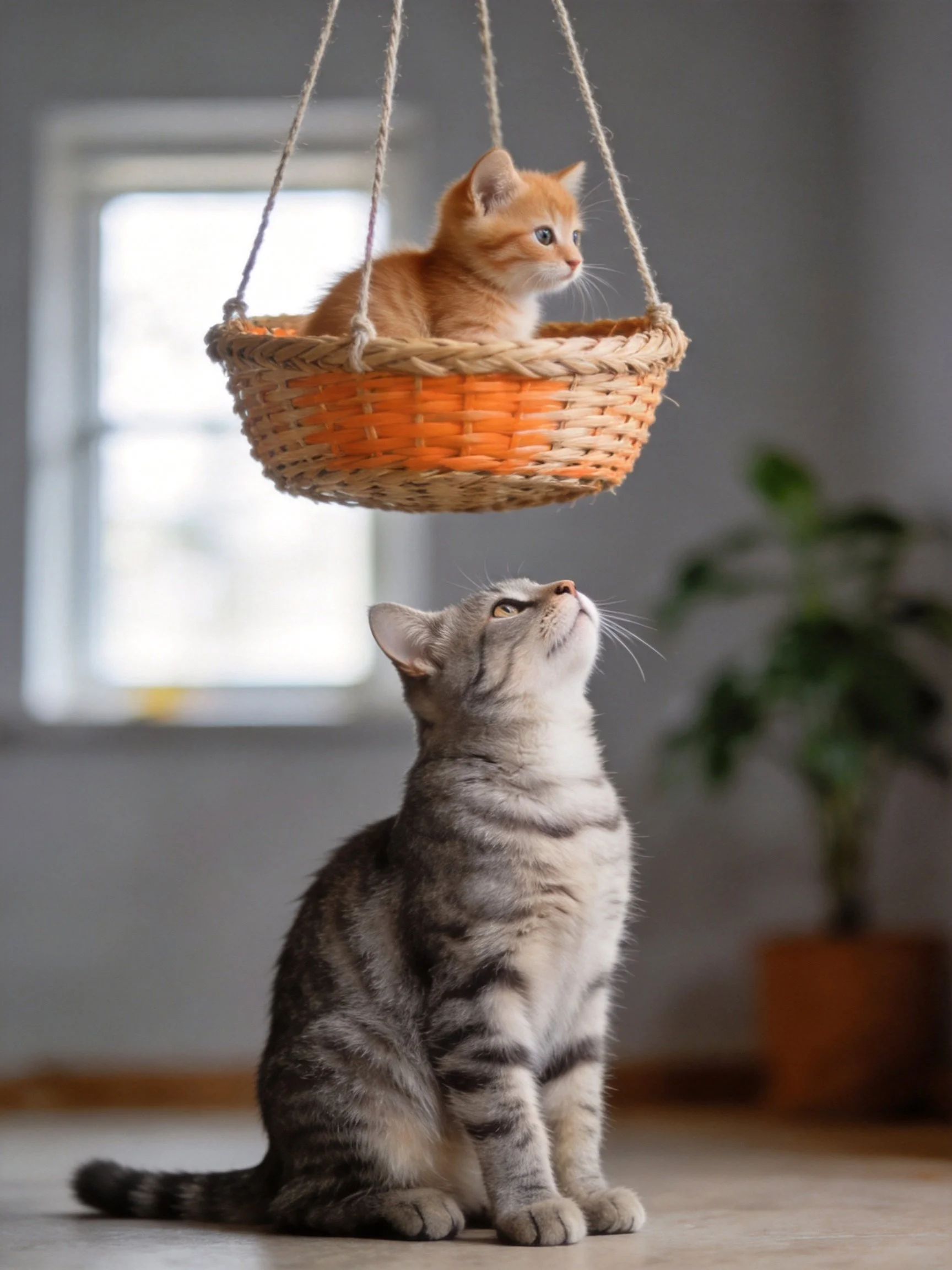 A gray tabby looks up at an orange kitten in a hanging wicker basket