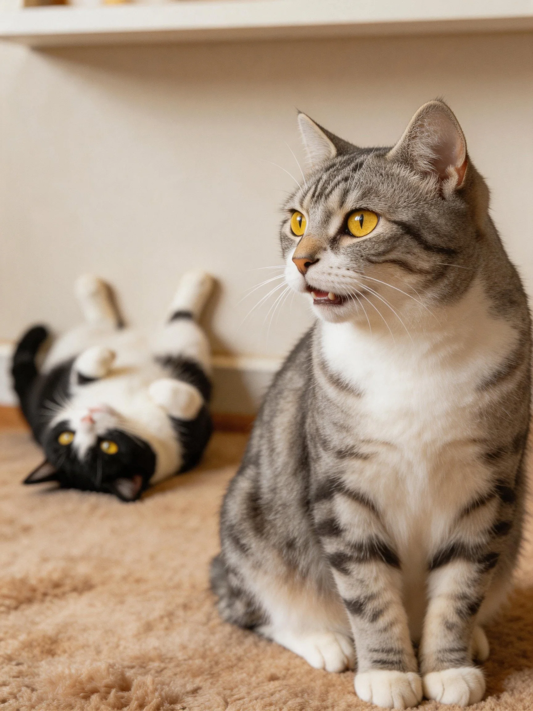 A gray tabby sits near a black-and-white cat lying upside down