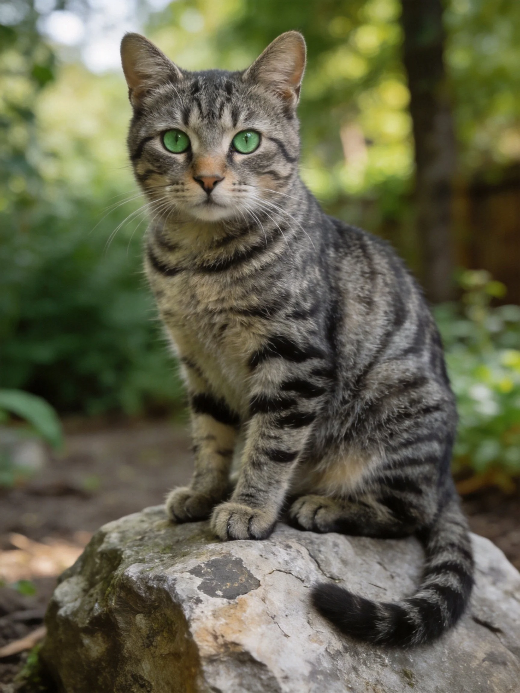 A gray tabbycat with bright green eyes sits on a mossy rock in a lush garden