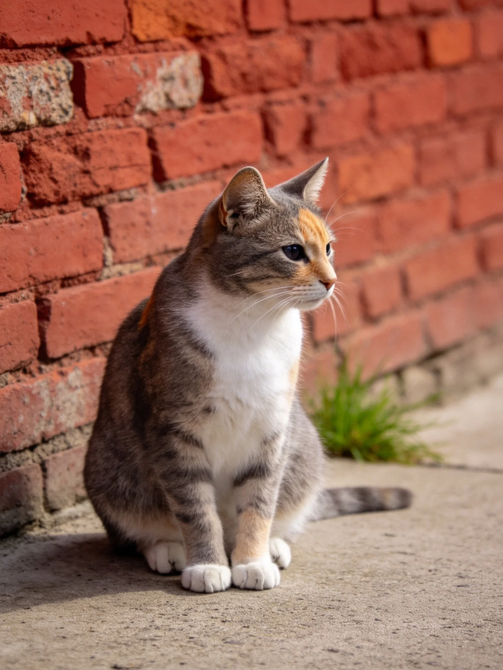 A calico cat rests beside an aged red brick wall in bright daylight.