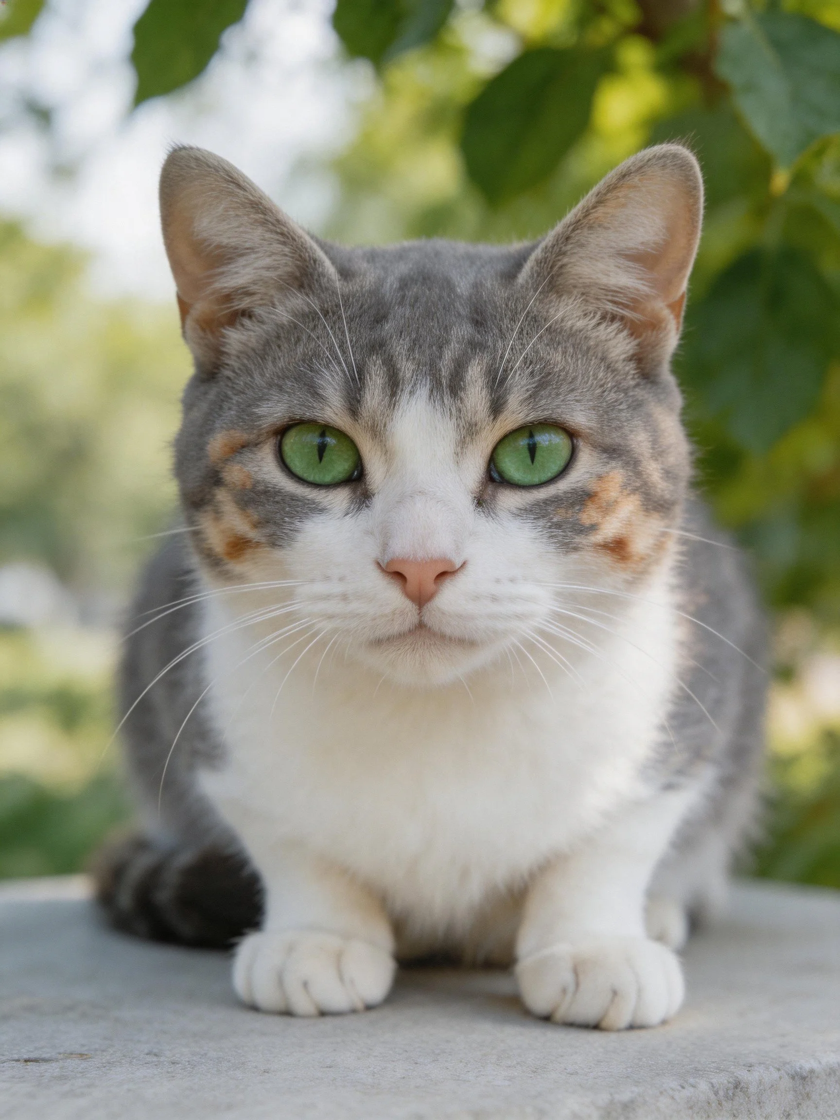A multicolored cat with striking green eyes rests on a stone surface amid greenery.