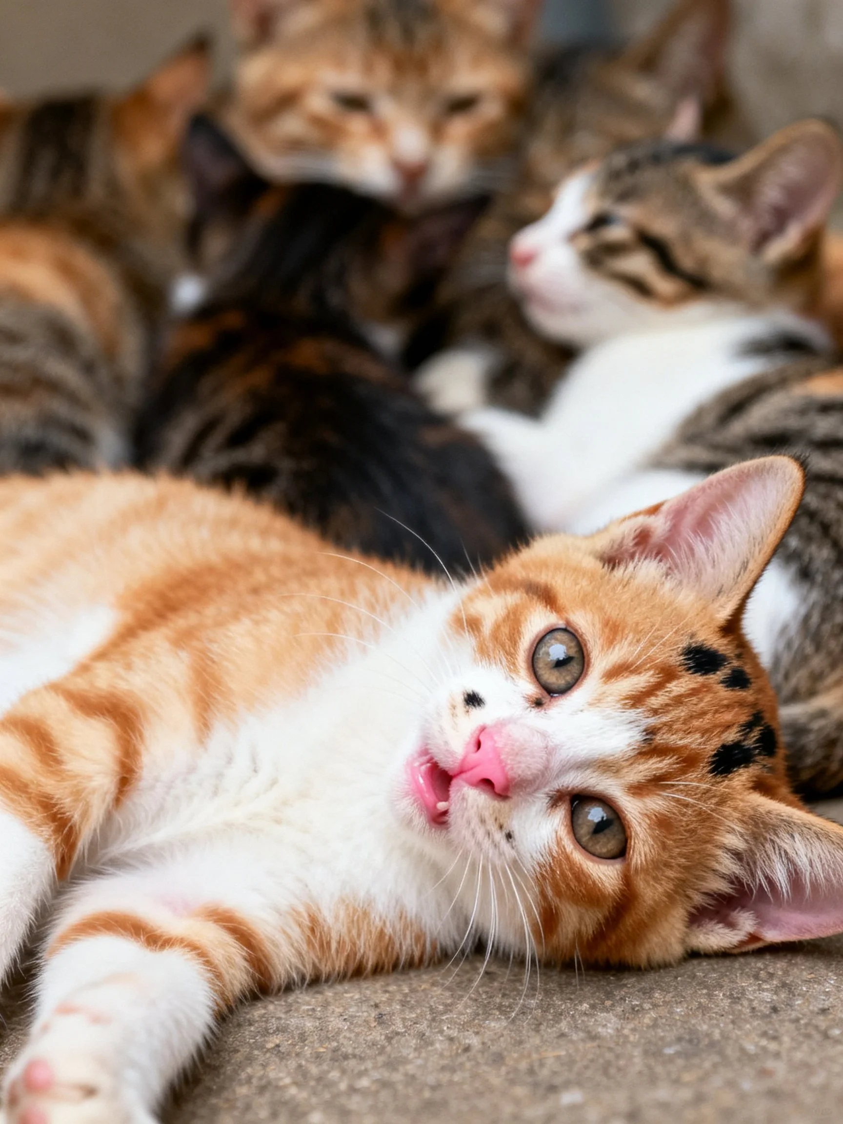 A group of colorful kittens resting together on a concrete surface