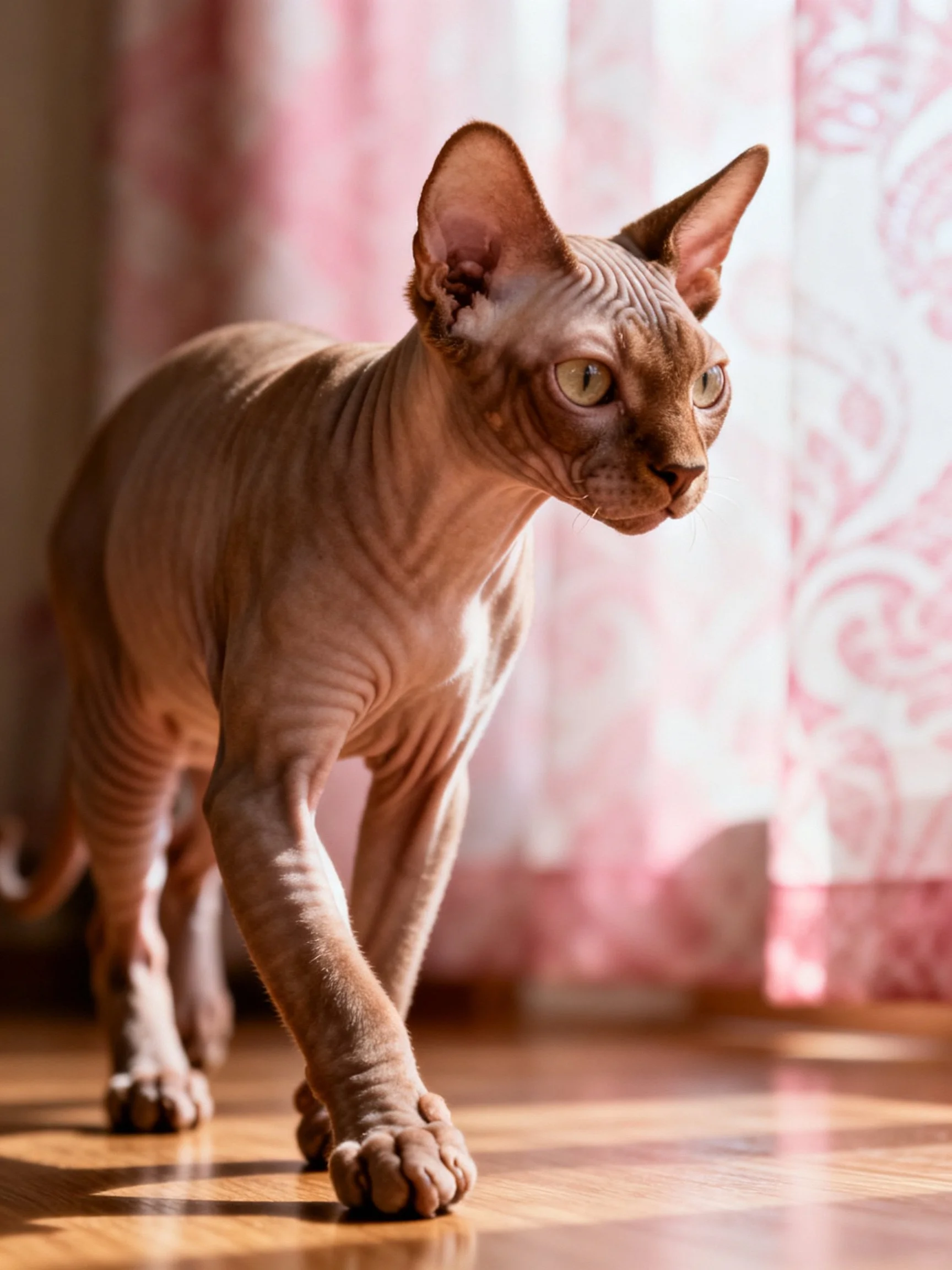 A hairless Sphynx cat explores near pink floral curtains