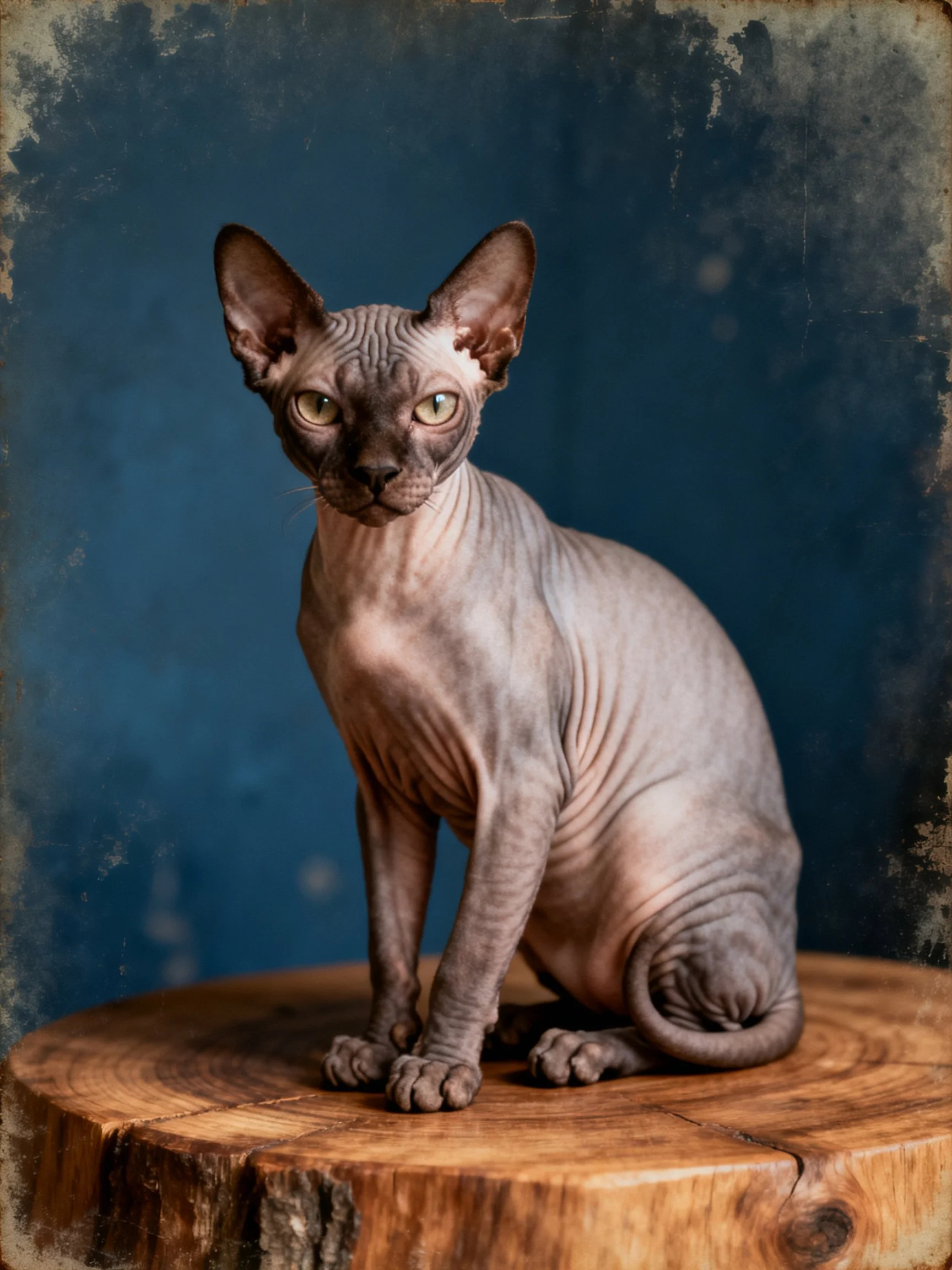 A hairless Sphynx cat perched on a wooden stump with a textured blue backdrop.
