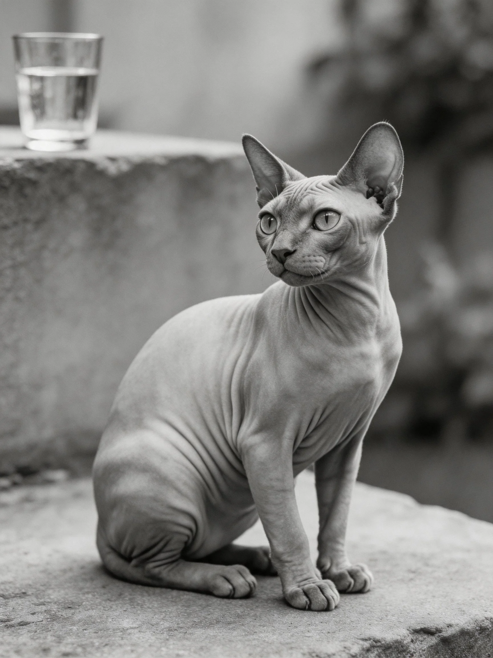 A hairless Sphynx cat sits near a glass of water in black and white