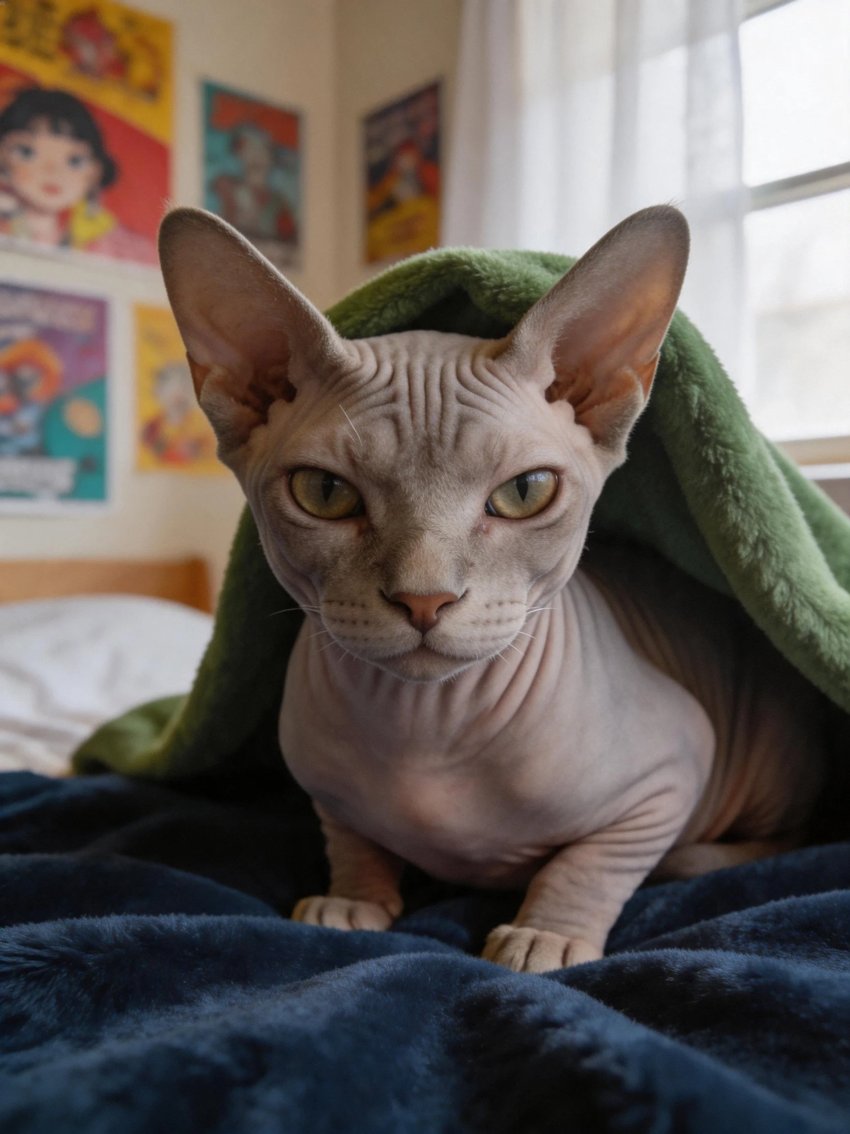 A hairless Sphynx cat under green and blue blankets