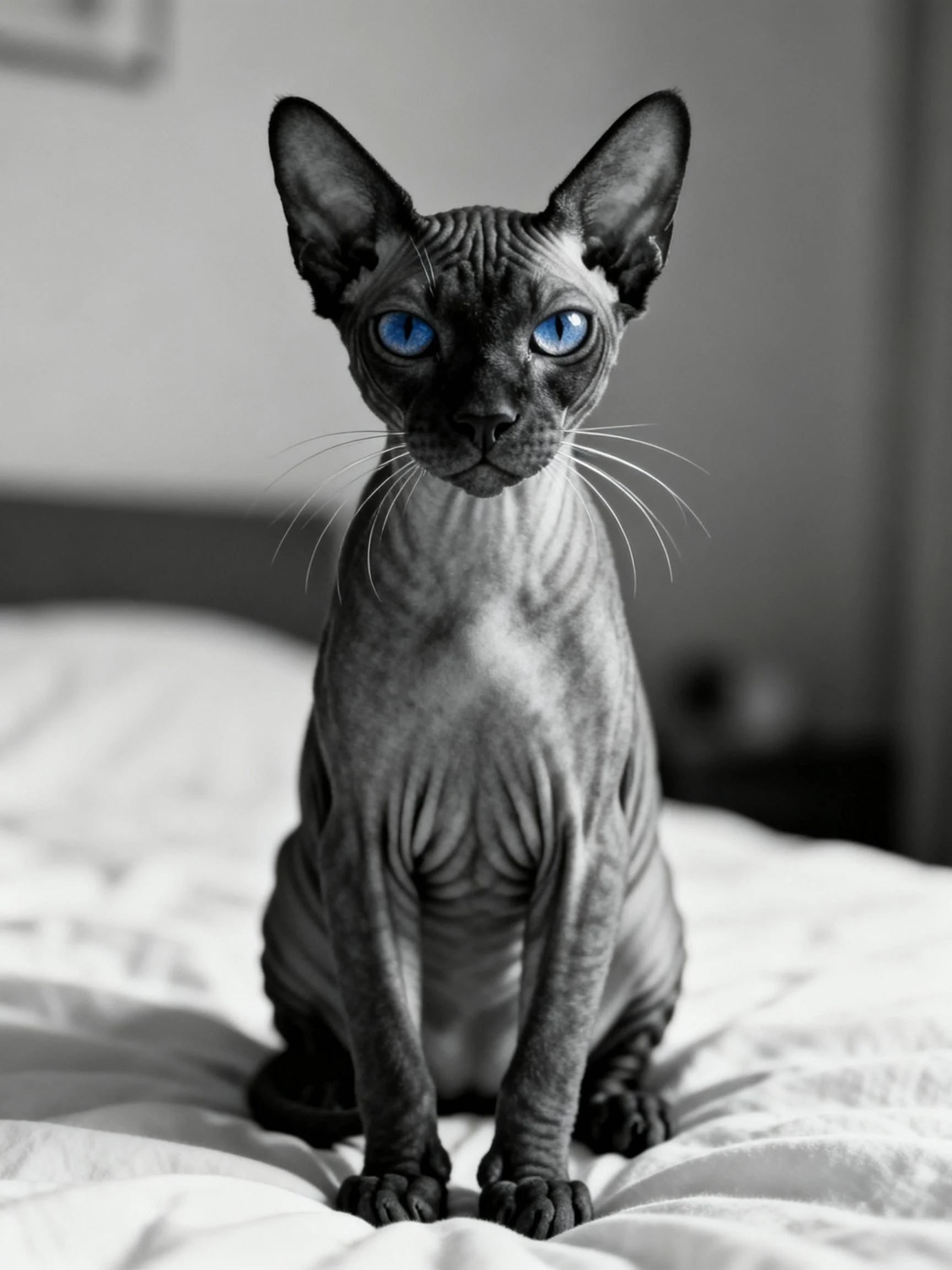 A hairless Sphynx cat with bright blue eyes sits on white bedding
