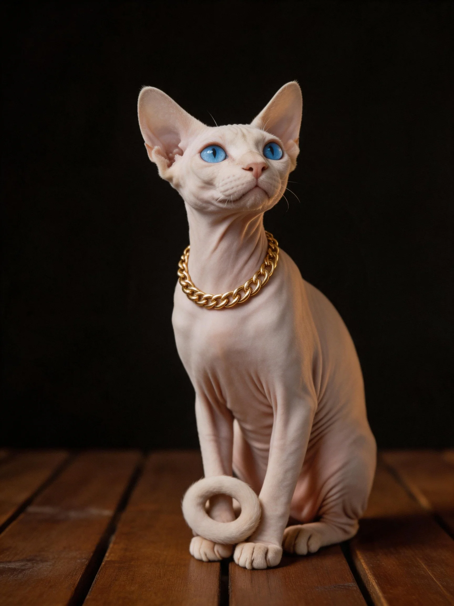 A hairless Sphynx cat with bright blue eyes wears a gold chain on wood