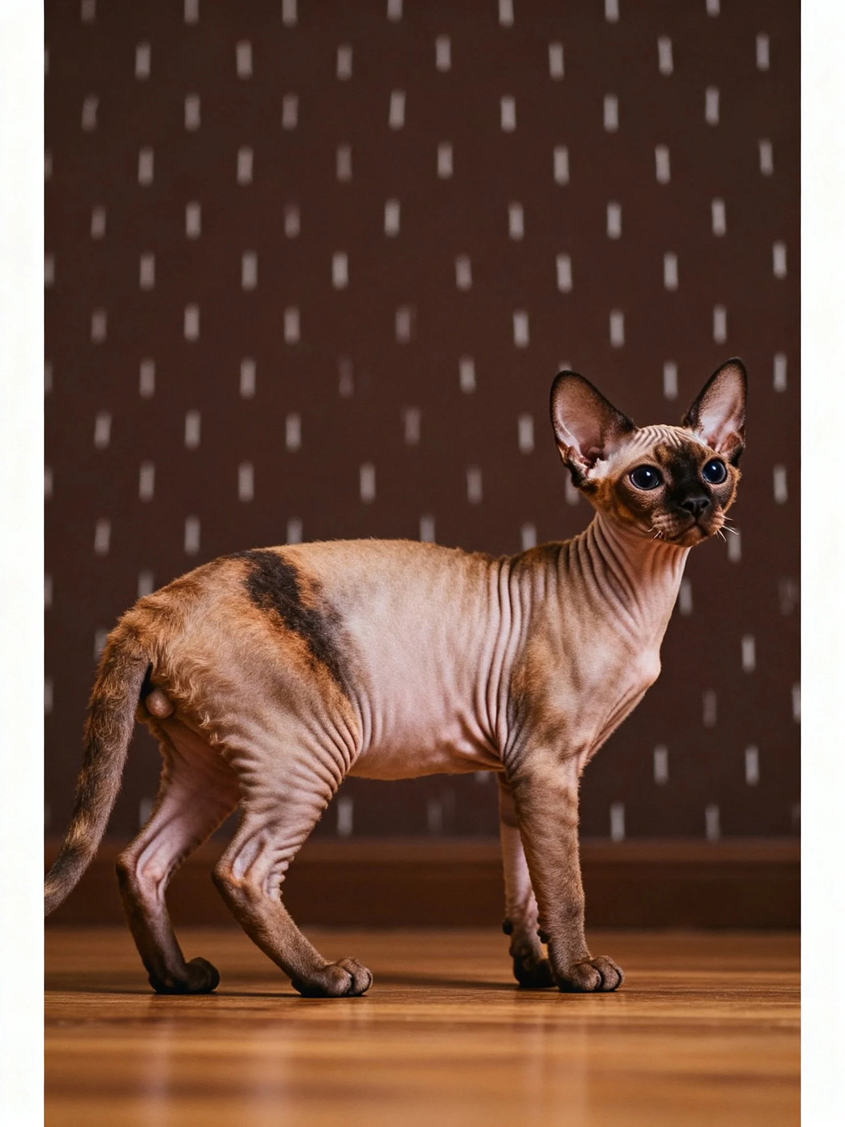 A hairless Sphynx cat with brown patches stands on wooden flooring