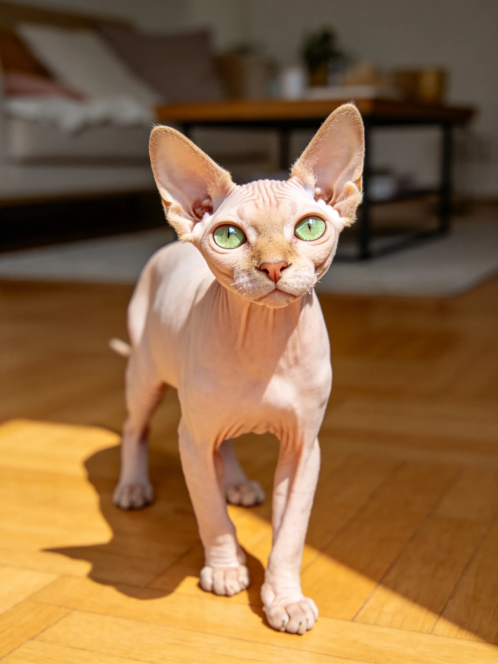 A hairless Sphynx cat with green eyes stands on a wooden floor