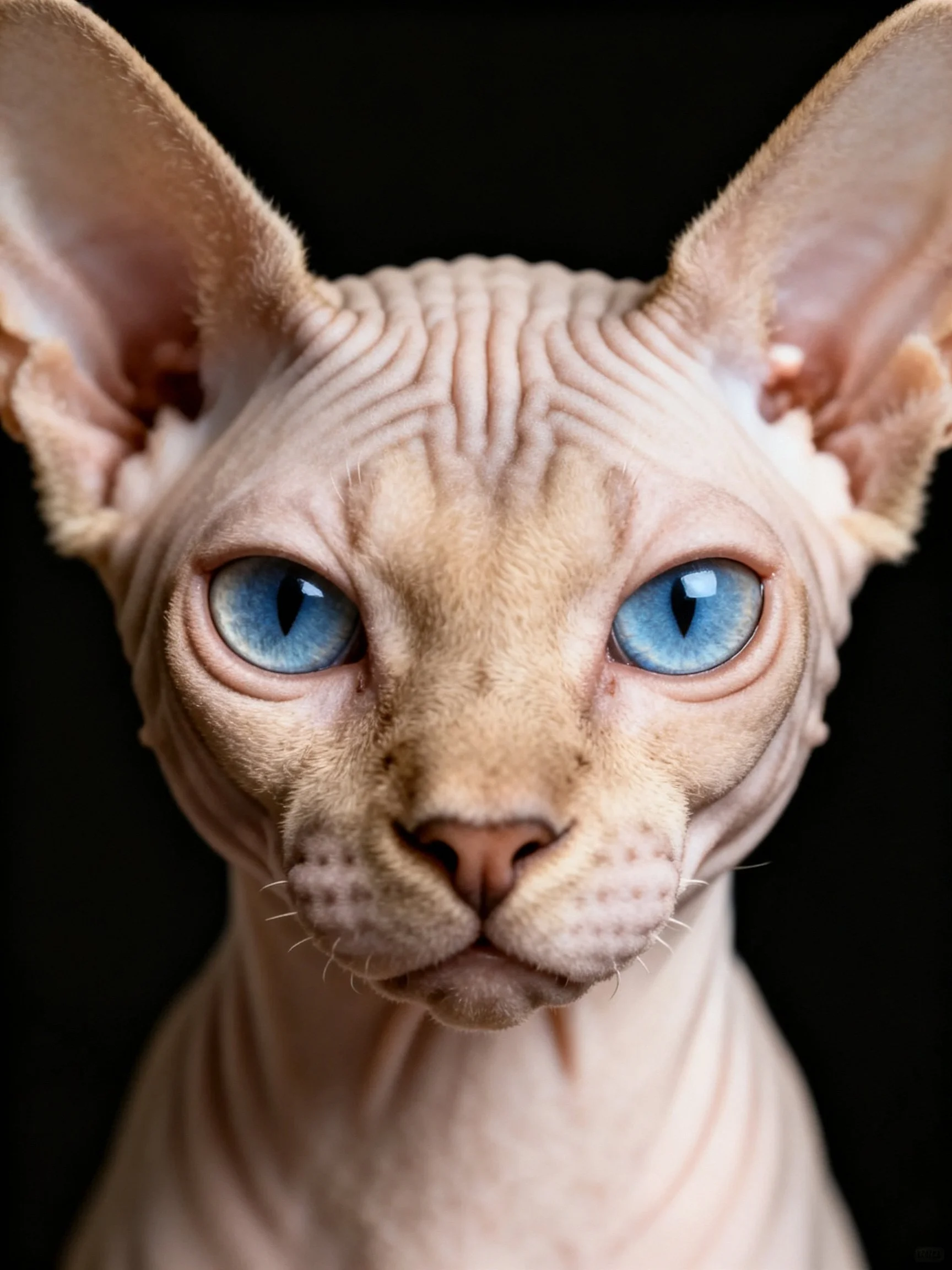 A hairless Sphynx cat with large blue eyes and prominent ears