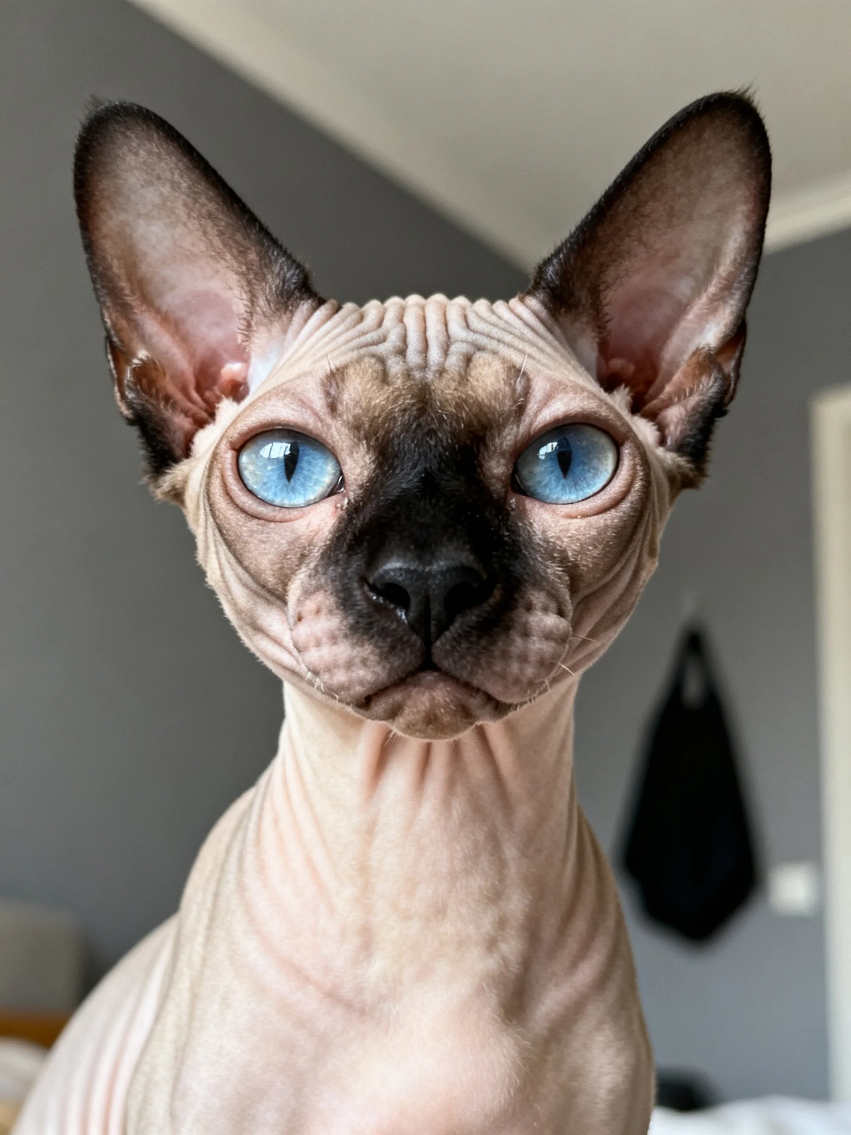 A hairless Sphynx cat with large blue eyes and prominent ears