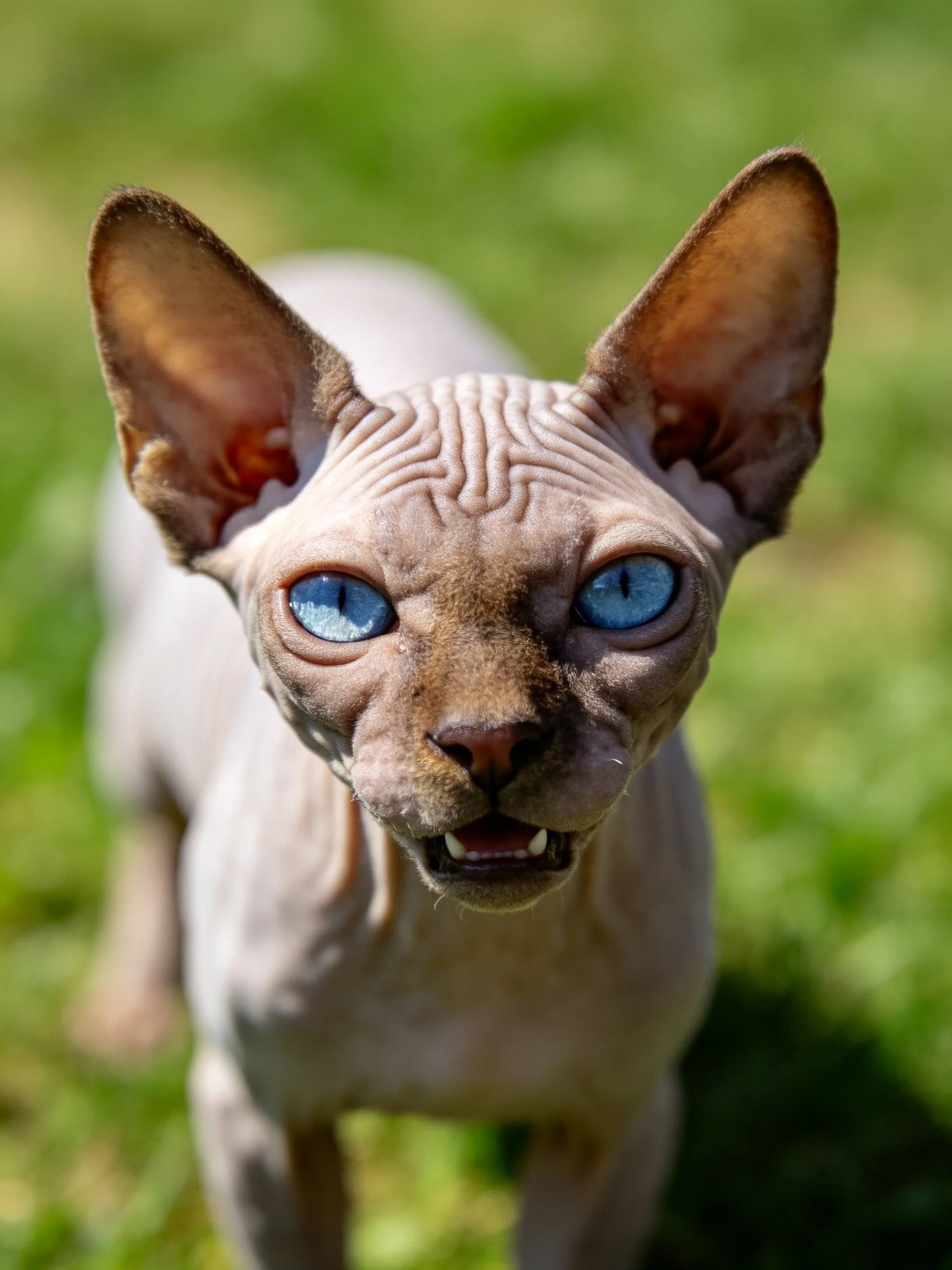 A hairless Sphynx cat with large ears and bright blue eyes