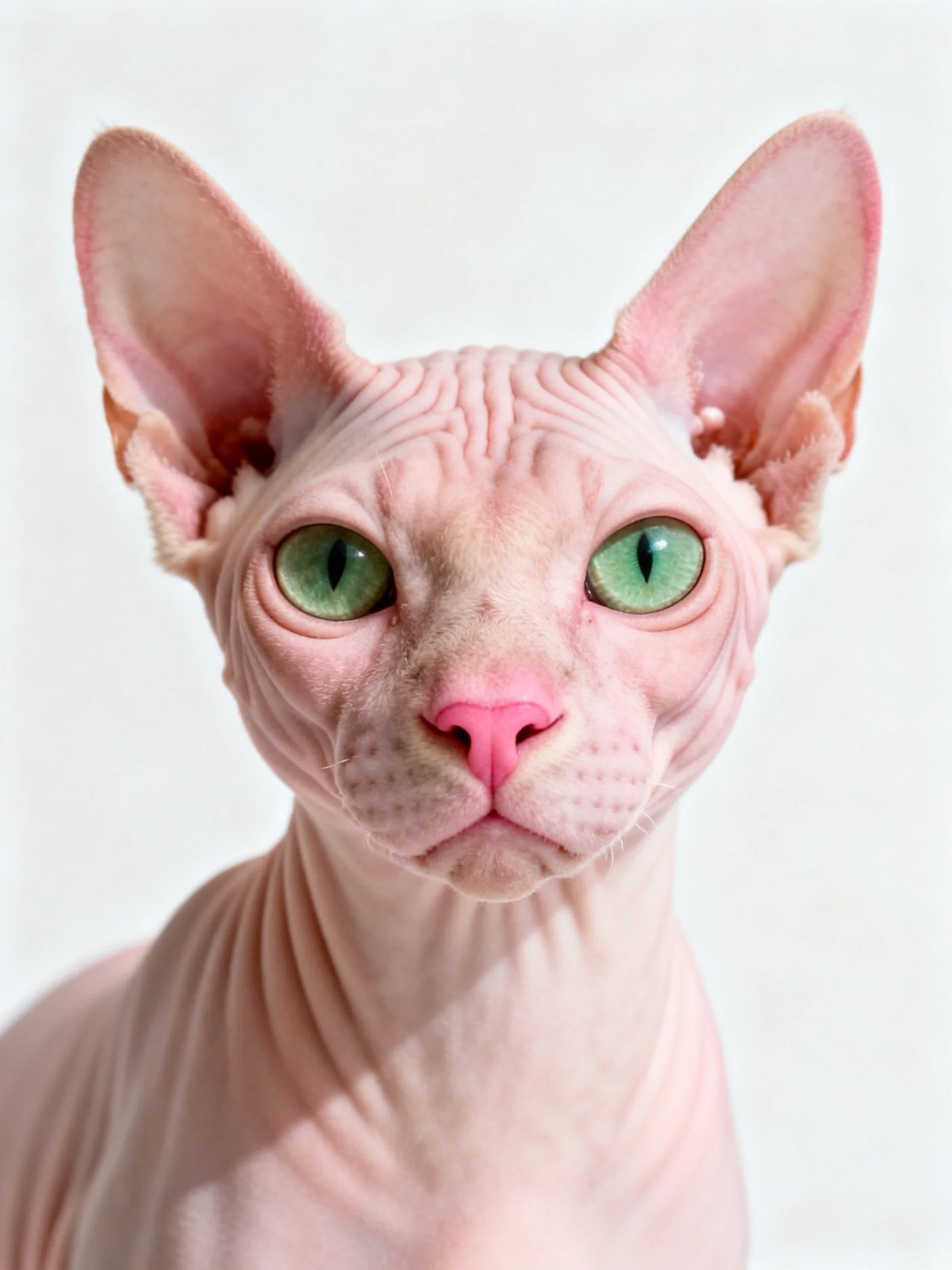 A hairless Sphynx cat with large green eyes and pink skin
