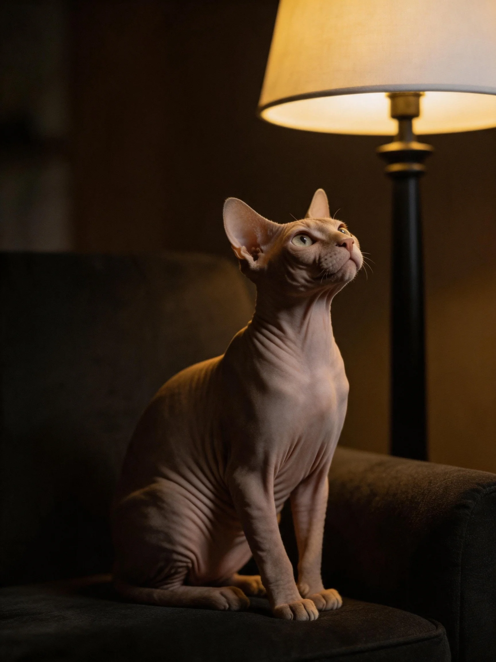 A hairless cat sits on a dark chair beside a lit floor lamp