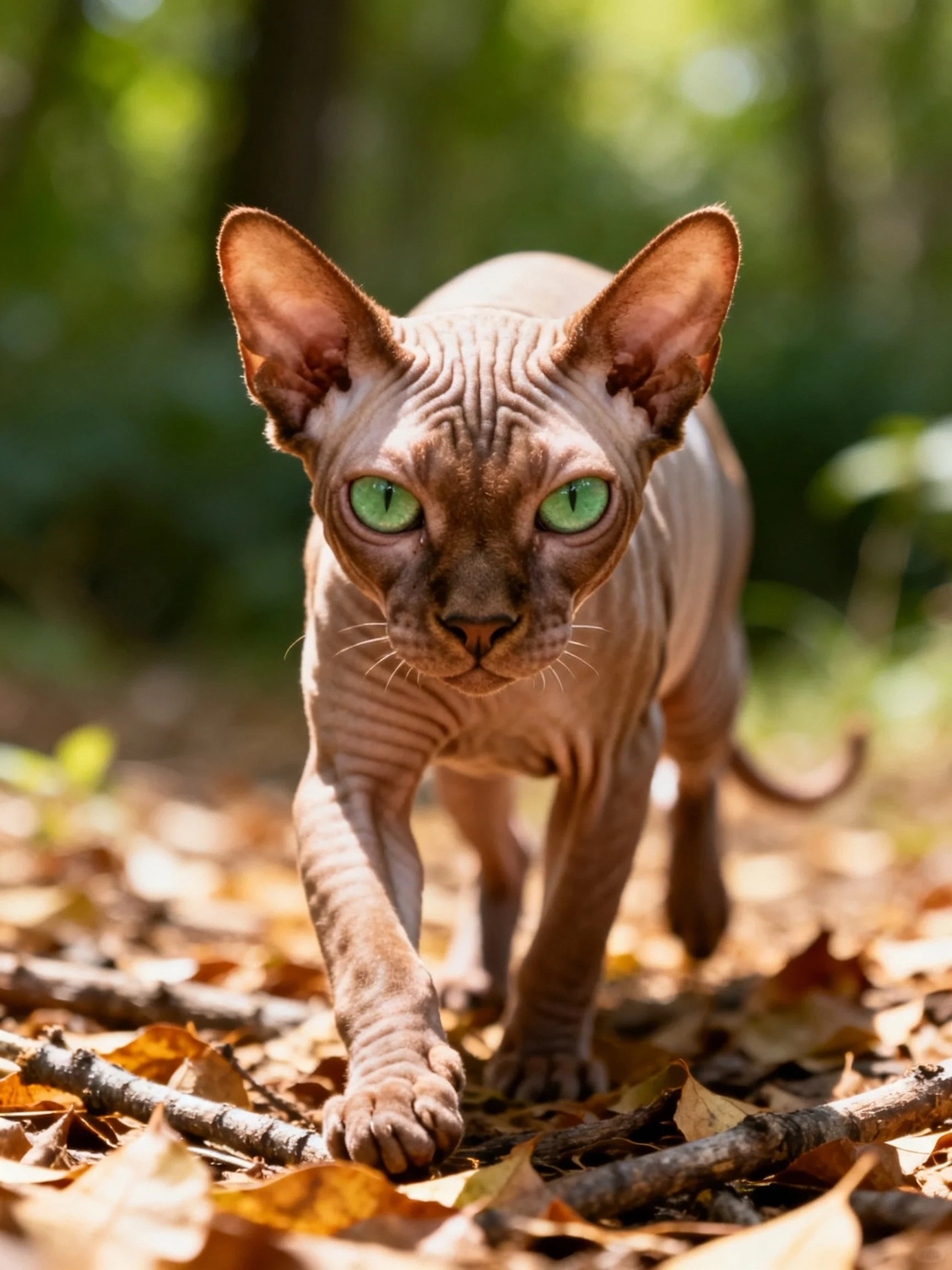 A hairless cat with bright green eyes explores autumn leaves and twigs