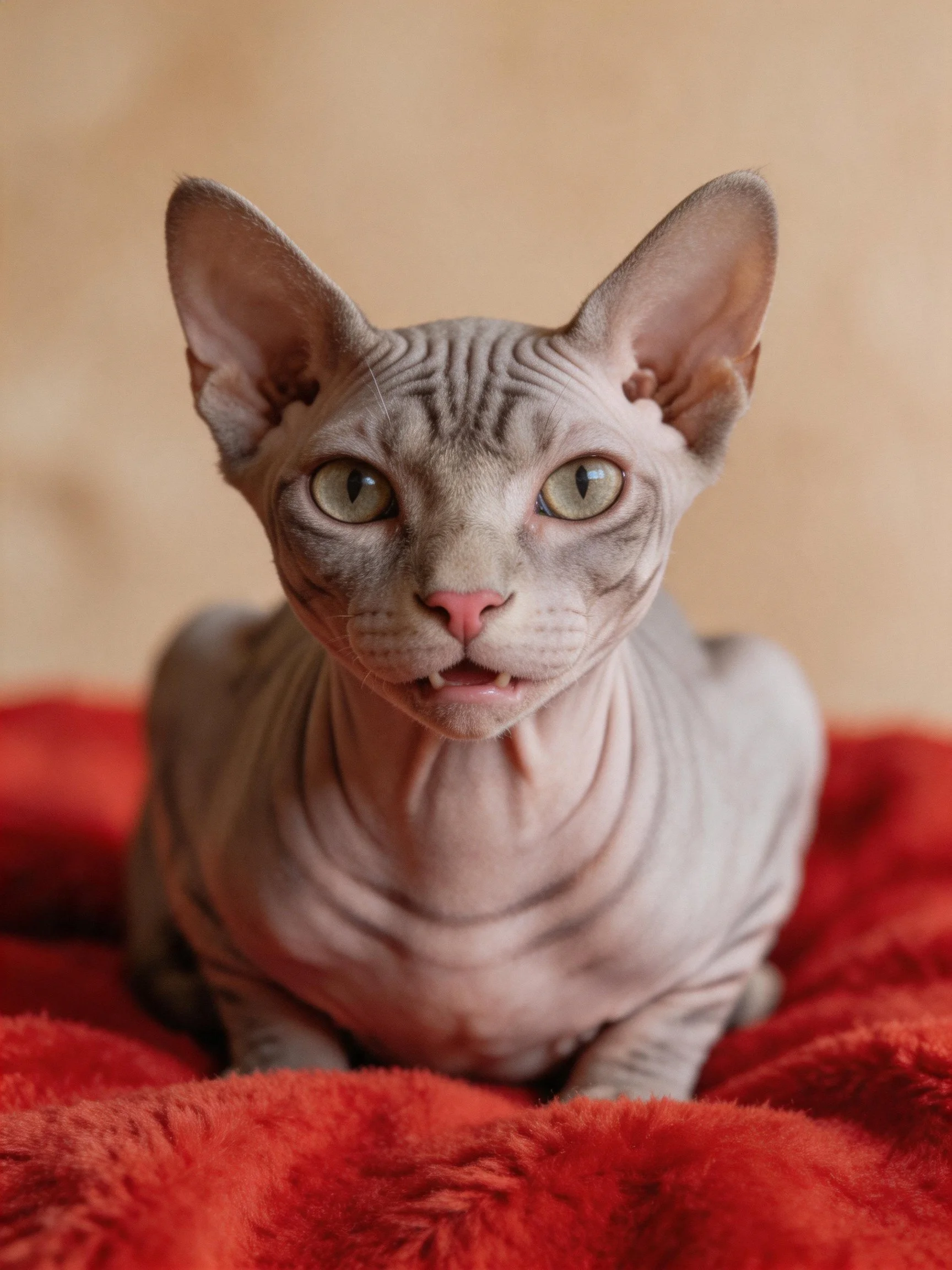 A hairless gray Sphynx cat rests on a vibrant red blanket