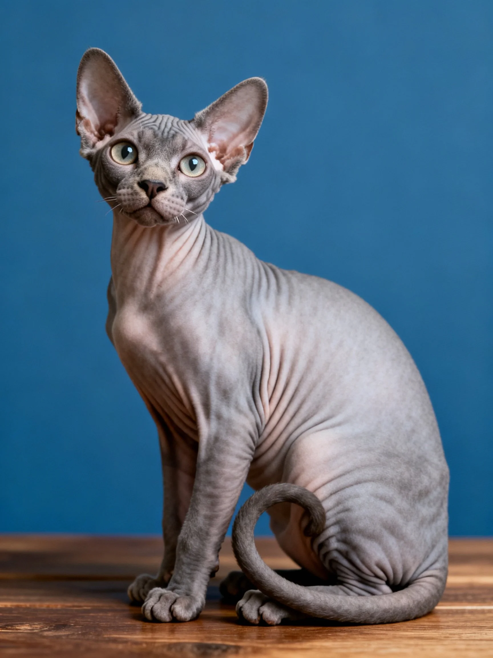 A hairless gray Sphynx cat sits on wood near a blue wall