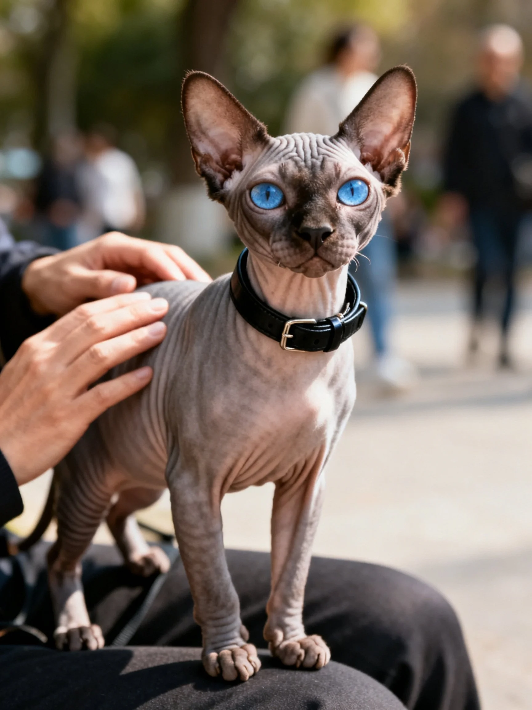 A hairless gray Sphynx cat with bright blue eyes outdoors